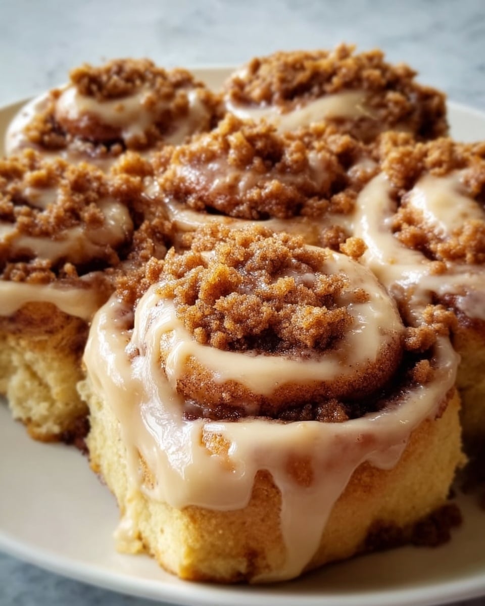 A close-up view of a group of cinnamon rolls arranged side by side on a white plate. Each roll has several swirled layers of soft dough with a light brown cinnamon filling visible in between. The top layer features a creamy tan icing generously spread over and dripping slightly down the sides, topped with a crumbly texture of brown streusel bits scattered unevenly across the surface. The rolls appear sticky and moist, with the cinnamon filling visibly glistening. The background is a white marbled texture. Photo taken with an iphone --ar 4:5 --v 7