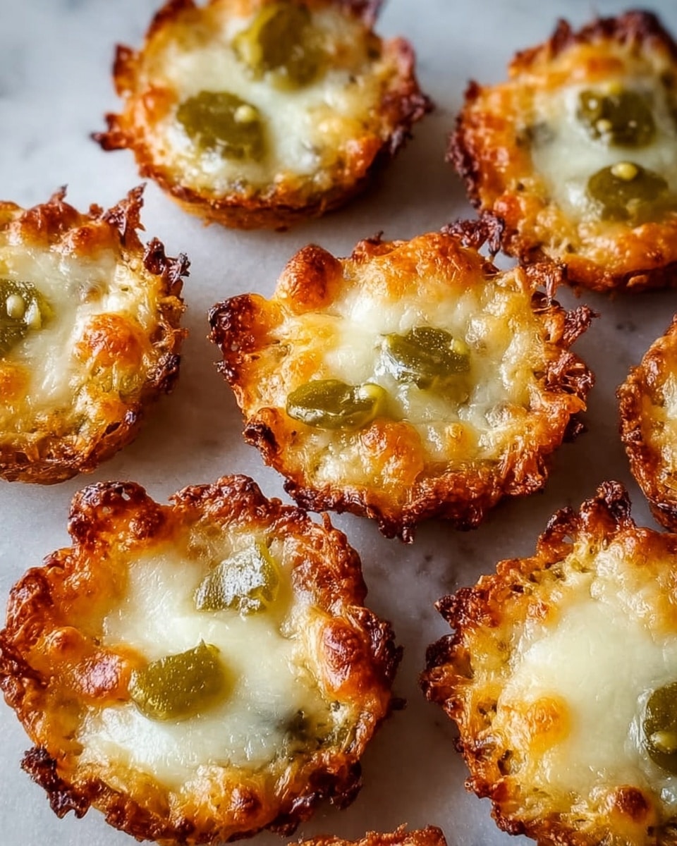 A close-up view of eight golden brown, crispy mini cheese bites arranged on a white marbled surface. Each round bite has a slightly uneven, crunchy edge with melted, bubbly cheese forming the top layer. Small pieces of green pickles are scattered on the cheese, adding pops of color and specks of seasoning are visible throughout. The texture looks crunchy on the edges and soft in the center, with a glossy finish from the melted cheese. Photo taken with an iphone --ar 4:5 --v 7