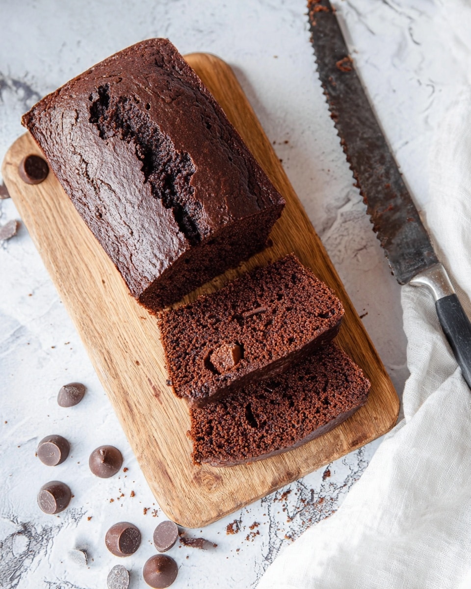 A dark brown chocolate loaf cake with a cracked top sits on a wooden cutting board with rich swirling grain patterns. Two thick slices are cut off, showing a moist and dense texture with bits of melted chocolate inside. Scattered around the board are round dark chocolate chips, and a serrated knife with chocolate crumbs on the blade rests beside the cake. The board is placed on a white marbled surface with a folded white cloth nearby. photo taken with an iphone --ar 4:5 --v 7