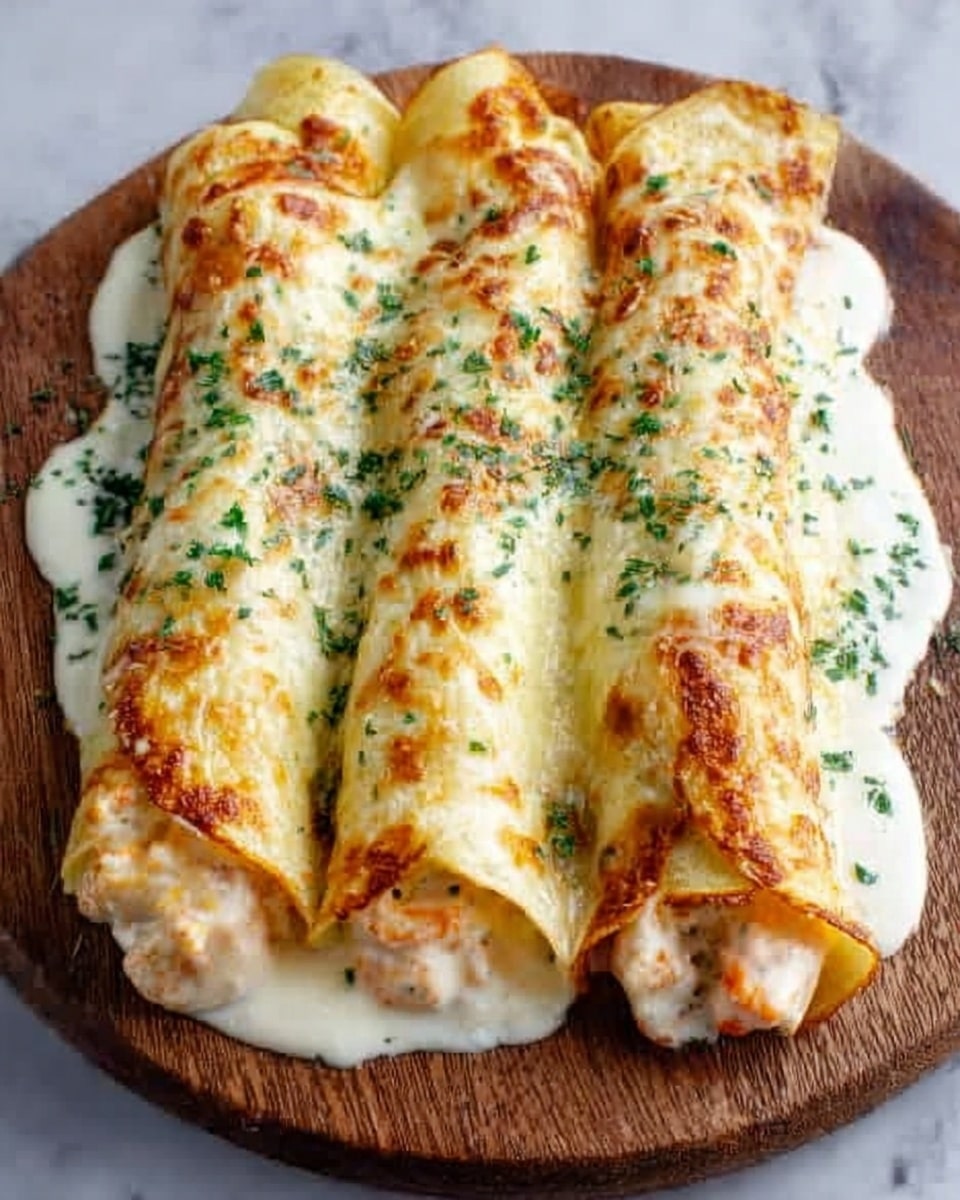 Three rolled crepes filled with a creamy orange filling are laid side by side on a round wooden board. Each crepe is covered with melted cheese that is golden brown in parts, sprinkled with small bits of green herbs. White sauce is spread thickly beneath the crepes, slightly pooling at the edges. The wooden board sits on a white marbled texture. Photo taken with an iphone --ar 4:5 --v 7