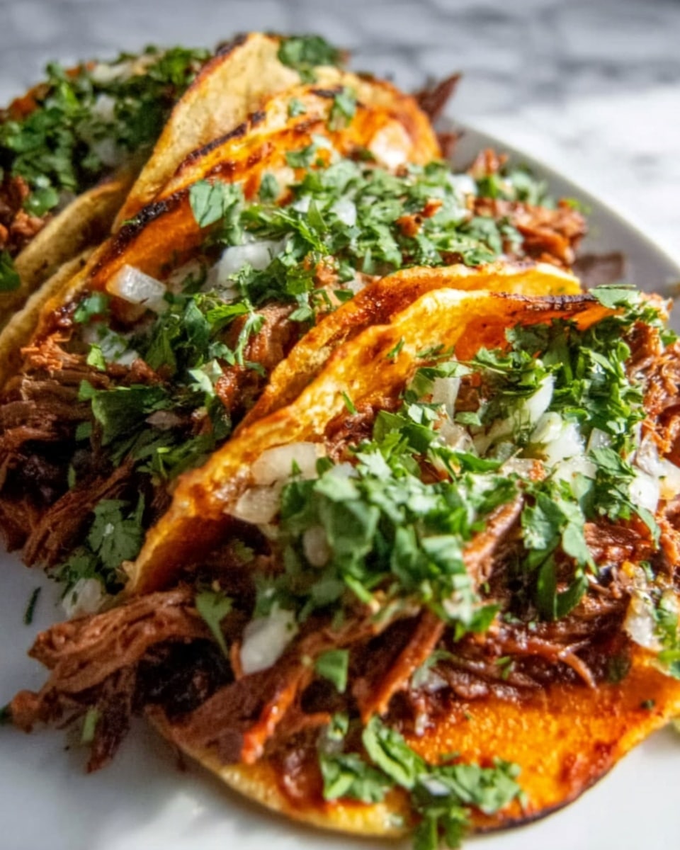 A close-up of several tacos arranged neatly on a white plate, each taco shell filled with a rich, dark brown shredded meat layer topped with fresh green chopped cilantro. The taco shells have a golden-orange color with a slightly crispy texture. The background shows a white marbled surface with some scattered bits of cilantro adding a fresh touch. photo taken with an iphone --ar 4:5 --v 7
