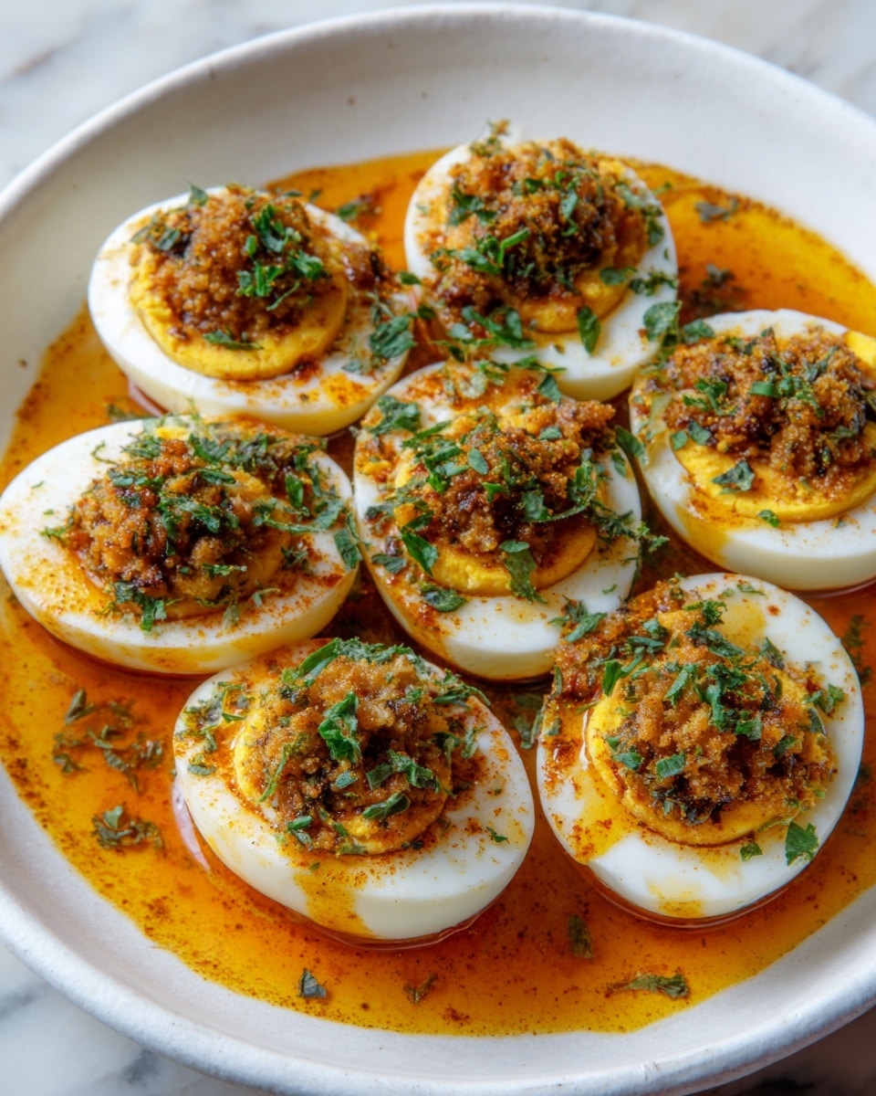 A white bowl holds seven halved boiled eggs with firm white edges and bright yellow yolks. Each egg half is topped with a thick, golden brown sauce that has a slightly chunky texture, sprinkled generously with finely chopped green herbs and a red spice powder. The sauce spreads around the eggs in the bowl, creating a warm, orange layer that reaches the bowl's edges. The bowl sits on a white marbled surface, the colors of the sauce and herbs standing out against the clean, crisp bowl and background. Photo taken with an iphone --ar 4:5 --v 7