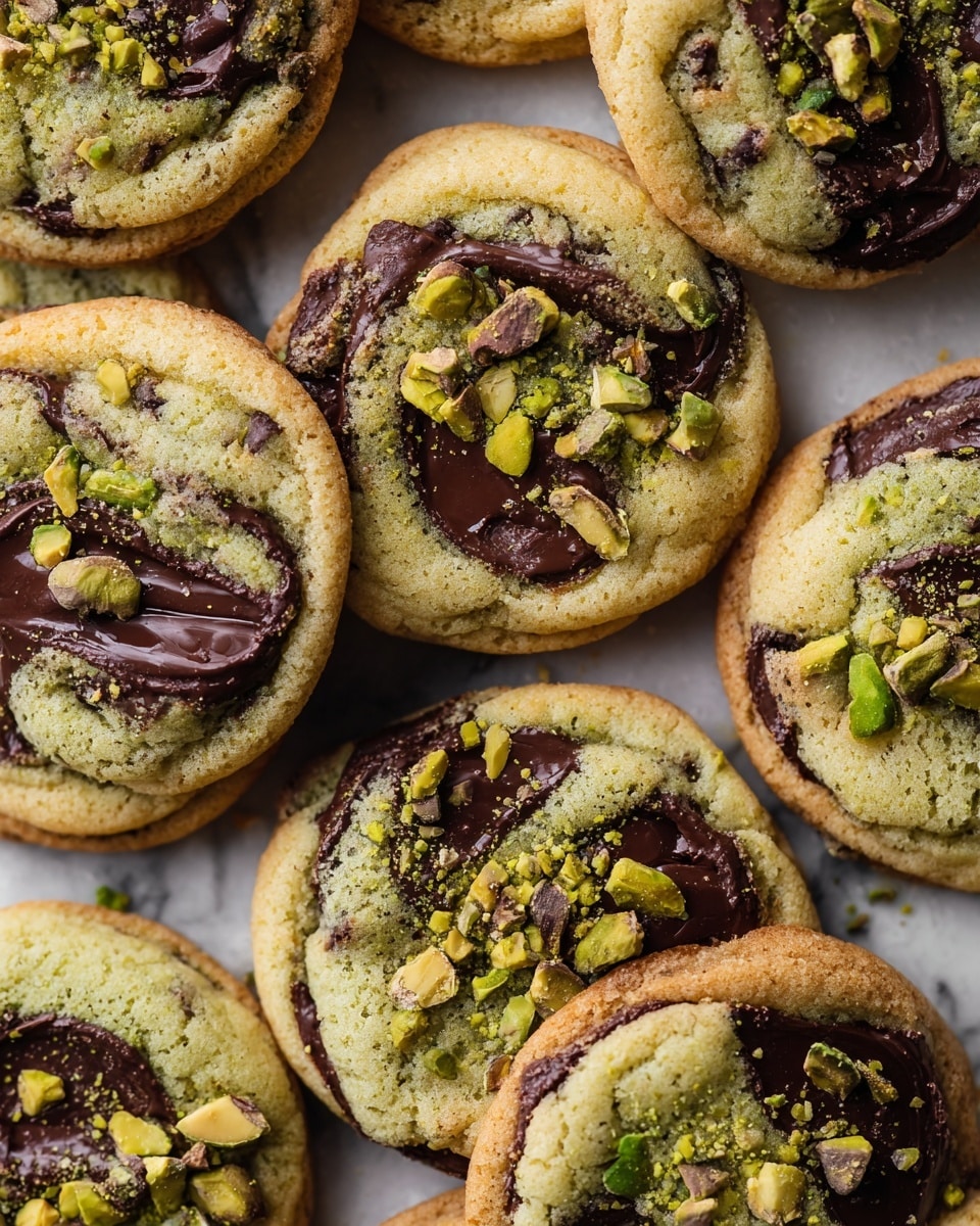 The image shows a close-up of soft cookies arranged closely together, each cookie having about one main layer of dough mixed with swirls of dark melted chocolate that look glossy and slightly melted. Scattered on top are small pieces of bright green pistachios, some whole and some crushed, adding texture and color contrast against the light golden-brown cookie surface that looks slightly crispy at the edges and softer in the middle. The cookies rest on a white marbled texture, enhancing their warm colors, and the photo captures the rich details and textures in high clarity. Photo taken with an iphone --ar 4:5 --v 7