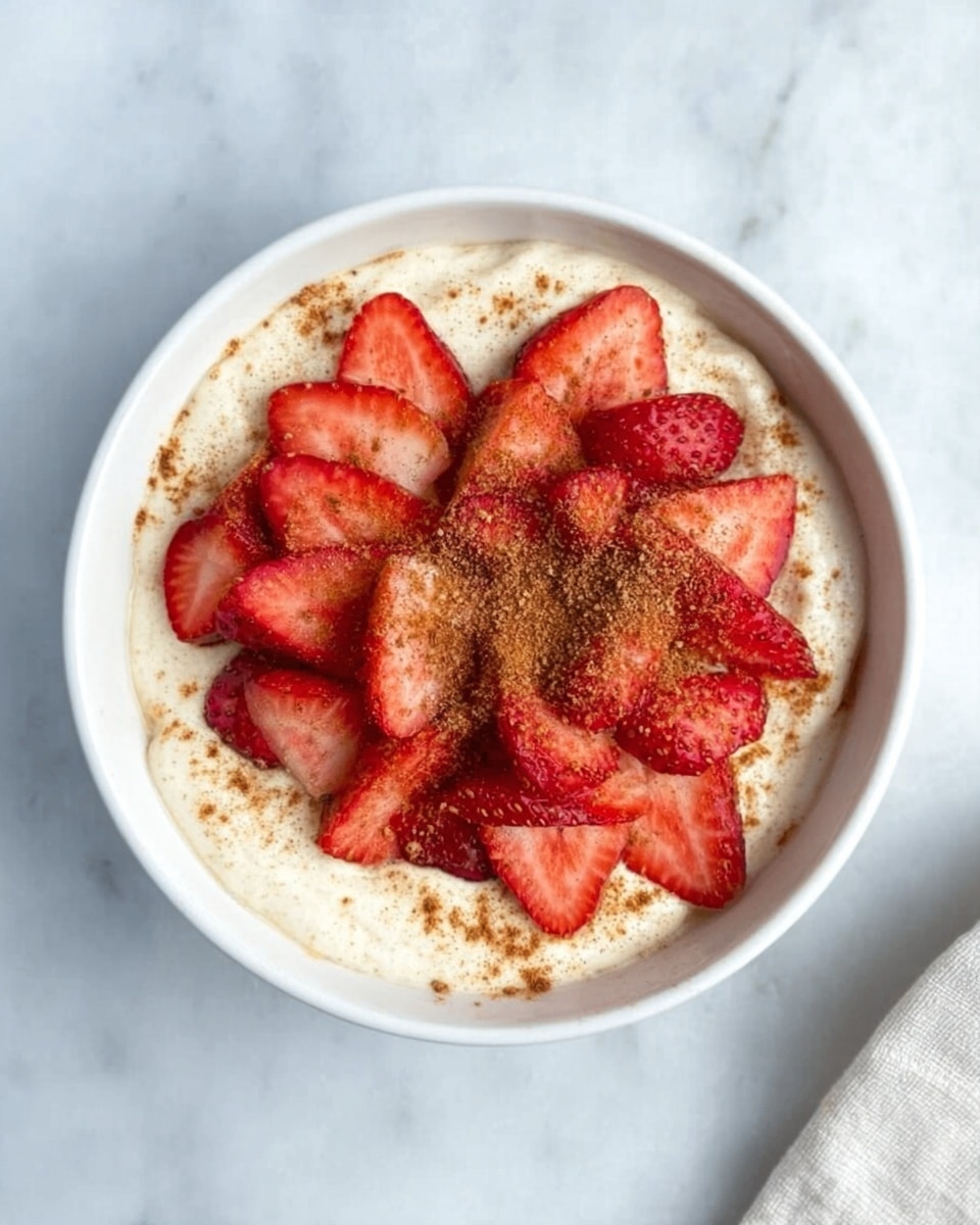 The image shows a white bowl filled with a creamy white base layer that looks smooth and thick. On top of this base, there is a circle of sliced red strawberries arranged closely together in the center. Sprinkled over the strawberries and the creamy base is a light brown powder, adding texture and color contrast. The bowl rests on a white marbled surface with a glimpse of a blue and white striped cloth nearby, and a wooden spoon is partially visible beside the bowl. photo taken with an iphone --ar 4:5 --v 7