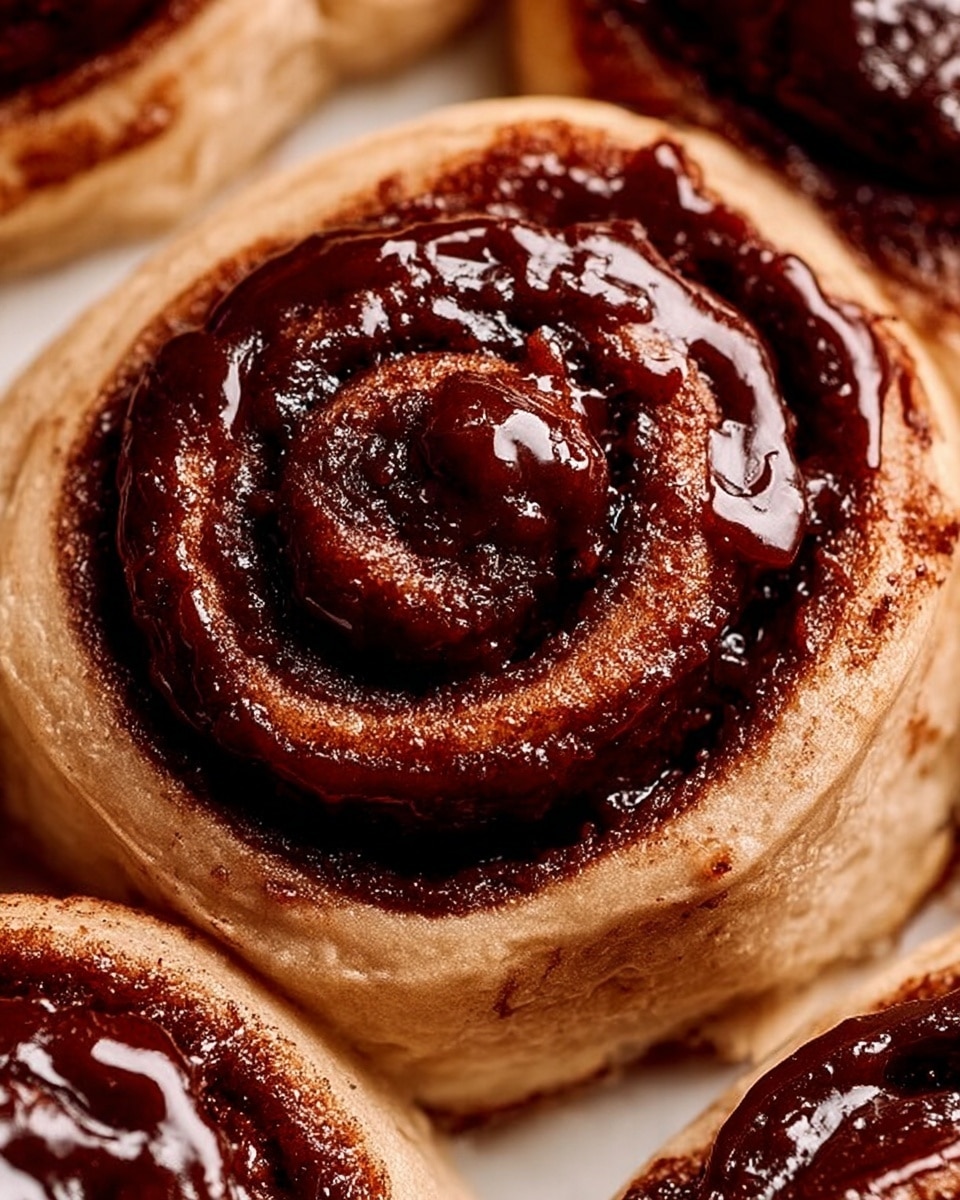 The image shows a close-up of a rich chocolate cinnamon roll with a thick layer of dark, glossy chocolate glaze covering it. The roll has multiple layers of soft, slightly browned dough spiraled tightly with a shiny, smooth chocolate filling that glistens under the light. The texture looks moist and gooey, with some parts of the dough peeking through the shiny glaze. The close view emphasizes the swirl pattern and the sticky chocolate coating, making the cinnamon roll look indulgent and fresh. Photo taken with an iphone --ar 4:5 --v 7