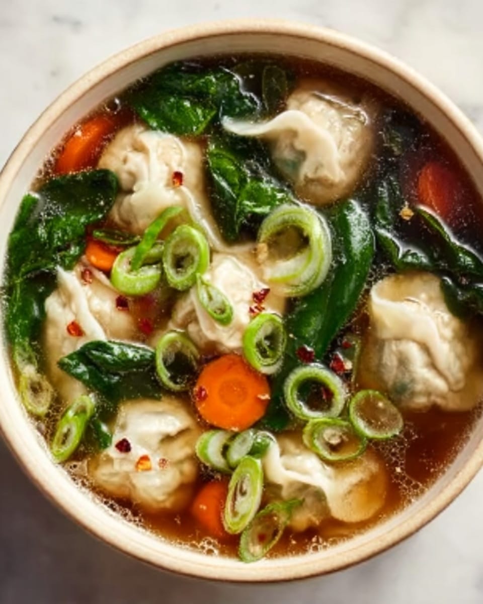 A white bowl filled with clear broth containing eight tortellini dumplings, each with a light beige, smooth dough and slightly wrinkled edges. The broth is dotted with bright green spinach leaves, chopped green onions, and thin slices of orange carrots, floating evenly throughout. The soup has a fresh and inviting look with small bubbles on the surface and visible herbs. The background shows a white marbled texture. Photo taken with an iphone --ar 4:5 --v 7