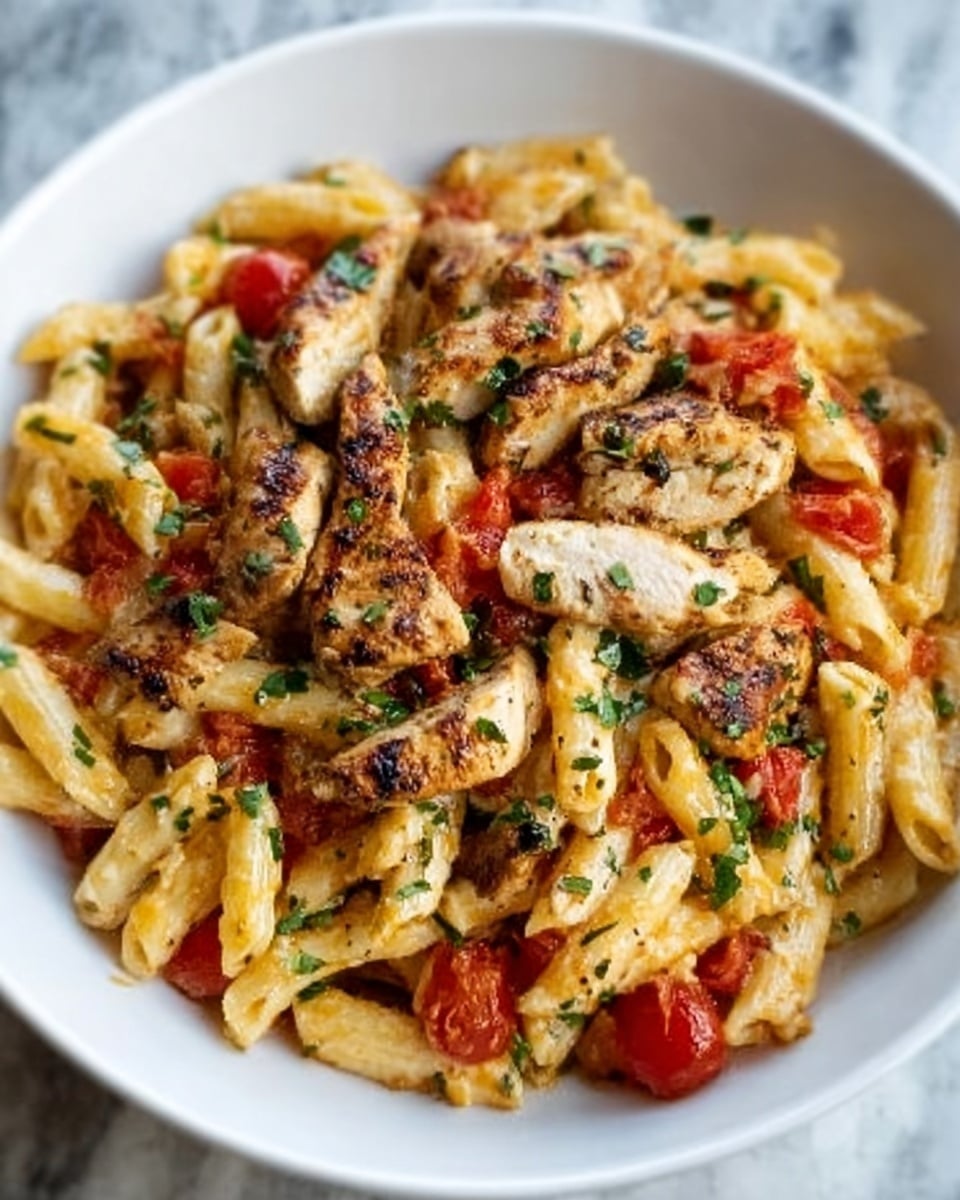 A white bowl filled with a pasta dish showing two main layers; the bottom layer consists of light yellow penne pasta mixed with small diced red tomatoes, and the top layer is made of golden-brown grilled chicken pieces sprinkled with chopped green herbs. The chicken pieces have a slightly charred texture, adding a rustic look, and the tomatoes provide a fresh and colorful contrast to the pasta. The dish looks vibrant and hearty with a mix of smooth, firm, and soft textures. Photo taken with an iphone --ar 4:5 --v 7