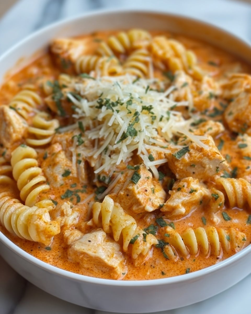 A white bowl filled with a creamy orange pasta sauce layered with spiral fusilli pasta, topped with chunks of cooked chicken and sprinkled with fresh green herbs and white shredded cheese. The sauce looks smooth and thick, coating the pasta and chicken evenly, with the cheese and herbs sitting loosely on top. The scene is set on a white marbled surface. photo taken with an iphone --ar 4:5 --v 7