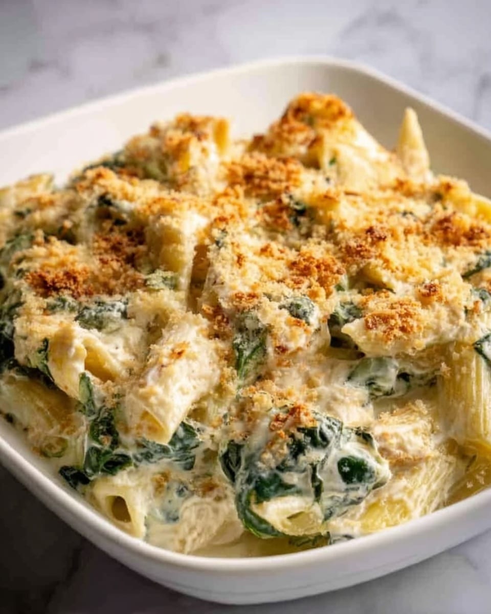 The dish shows a white ceramic bowl filled with several layers of creamy baked pasta. The bottom layer is a pale green of cooked spinach, topped with a creamy white sauce mixed with pieces of golden-brown baked cauliflower. On top, browned breadcrumbs cover the surface, adding a rough texture and golden color. The edges of the bowl show melted cheese slightly browned from baking, making the dish look warm and hearty. The photo taken with an iphone --ar 4:5 --v 7