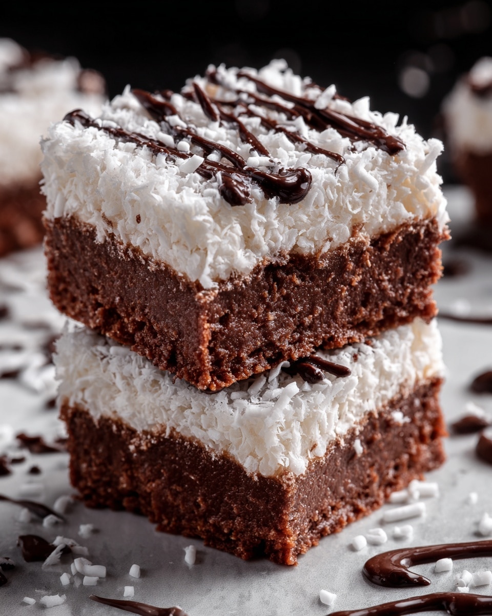 Two stacked chocolate rice crispy treats are shown in close-up, each with a rough texture. The bottom layer is dark brown, made of crispy rice and melted chocolate, while the top layer is thick white marshmallow coating sprinkled with small white bits. The treats sit on a dark surface with scattered white sprinkles around them, and blurred swirls of dark chocolate decoration in the background. photo taken with an iphone --ar 4:5 --v 7