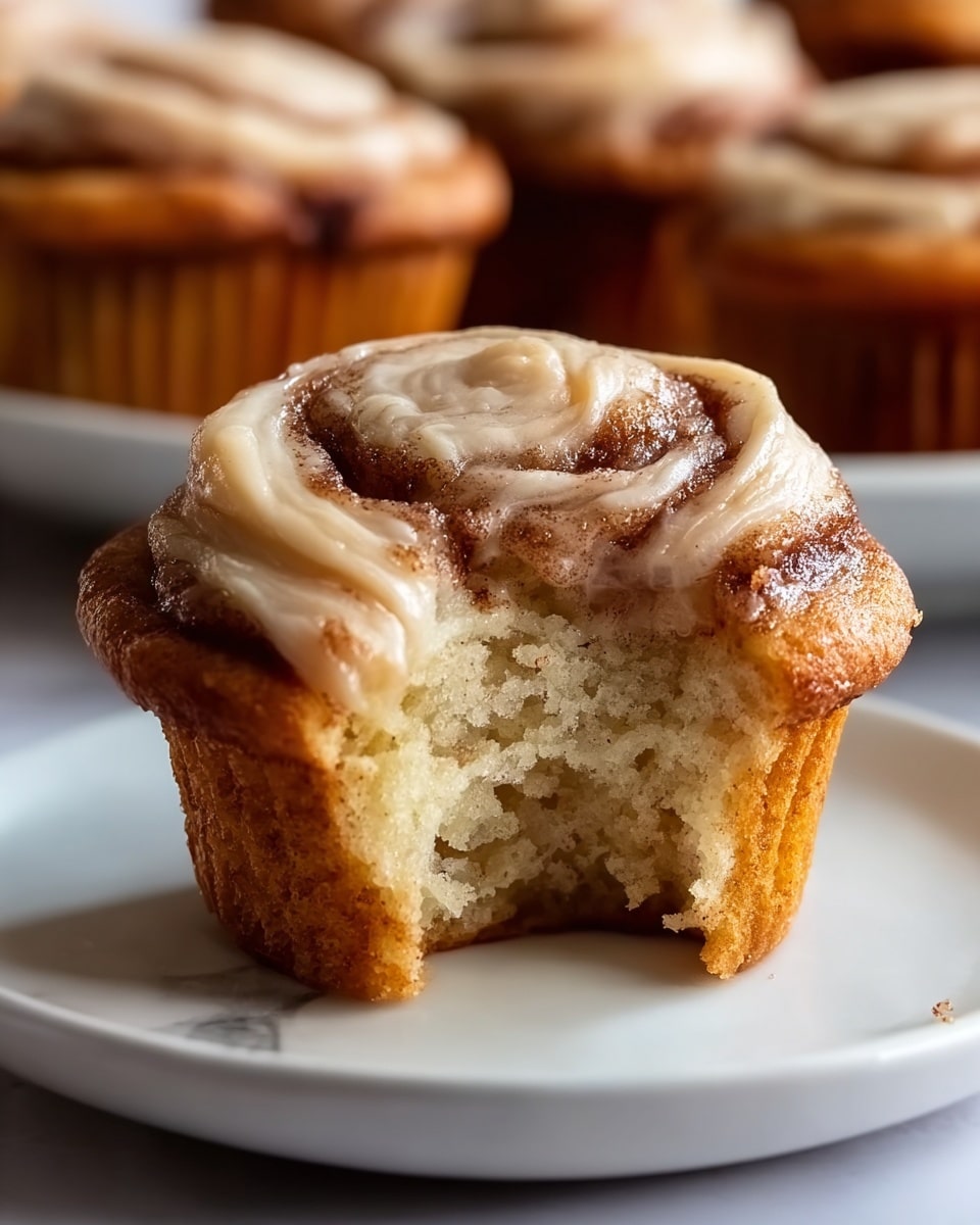 A close-up view of a single cinnamon roll muffin with a bite taken out of the front, showing a soft, fluffy inside with a golden-brown crust around the edges. The top layer is a thick swirl of cinnamon filling with a glossy light brown icing drizzled on top, slightly melting into the cinnamon. The muffin sits on a plain white plate with a smooth surface, placed on a white marbled background. Photo taken with an iphone --ar 4:5 --v 7