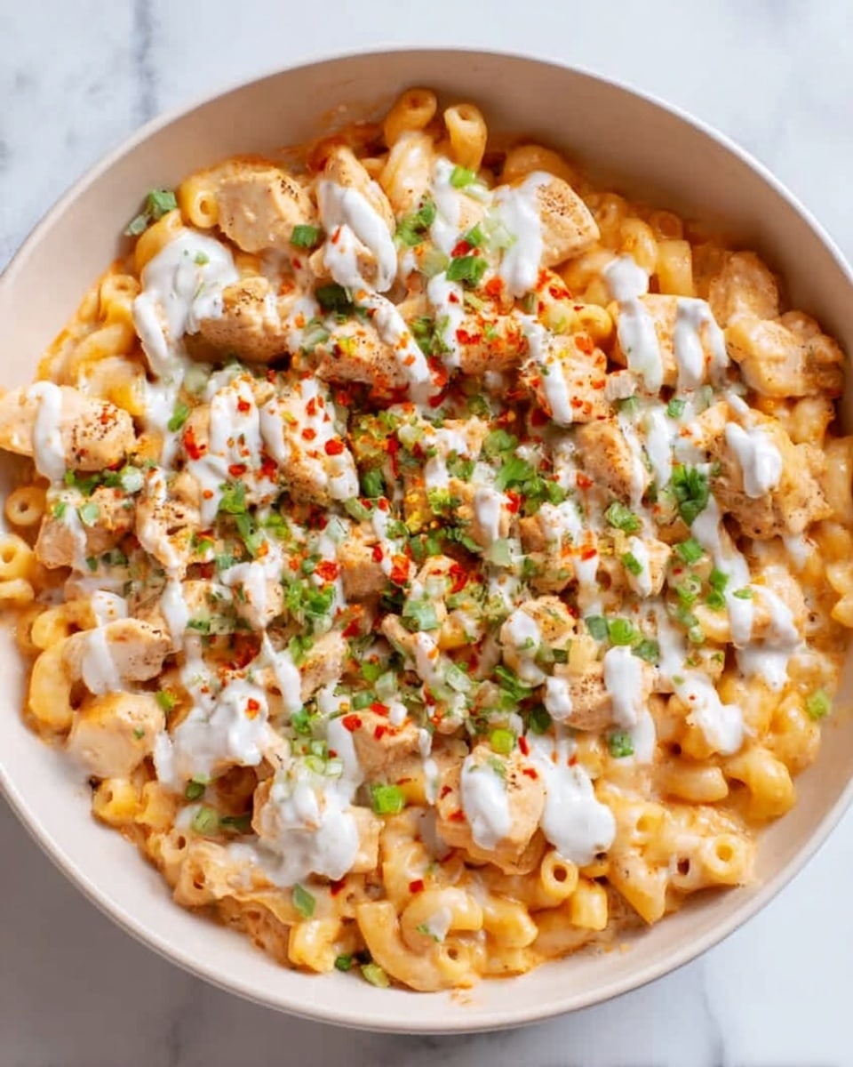 The image shows a white bowl filled with creamy macaroni pasta as the base layer, coated in a light orange sauce. On top, there are small pieces of cooked chicken scattered evenly across the pasta. A white creamy sauce is drizzled over the chicken and pasta, creating streaks of white contrast. The dish is sprinkled with finely chopped green herbs and small bits of red seasoning. The bowl is placed on a white marbled surface. photo taken with an iphone --ar 4:5 --v 7