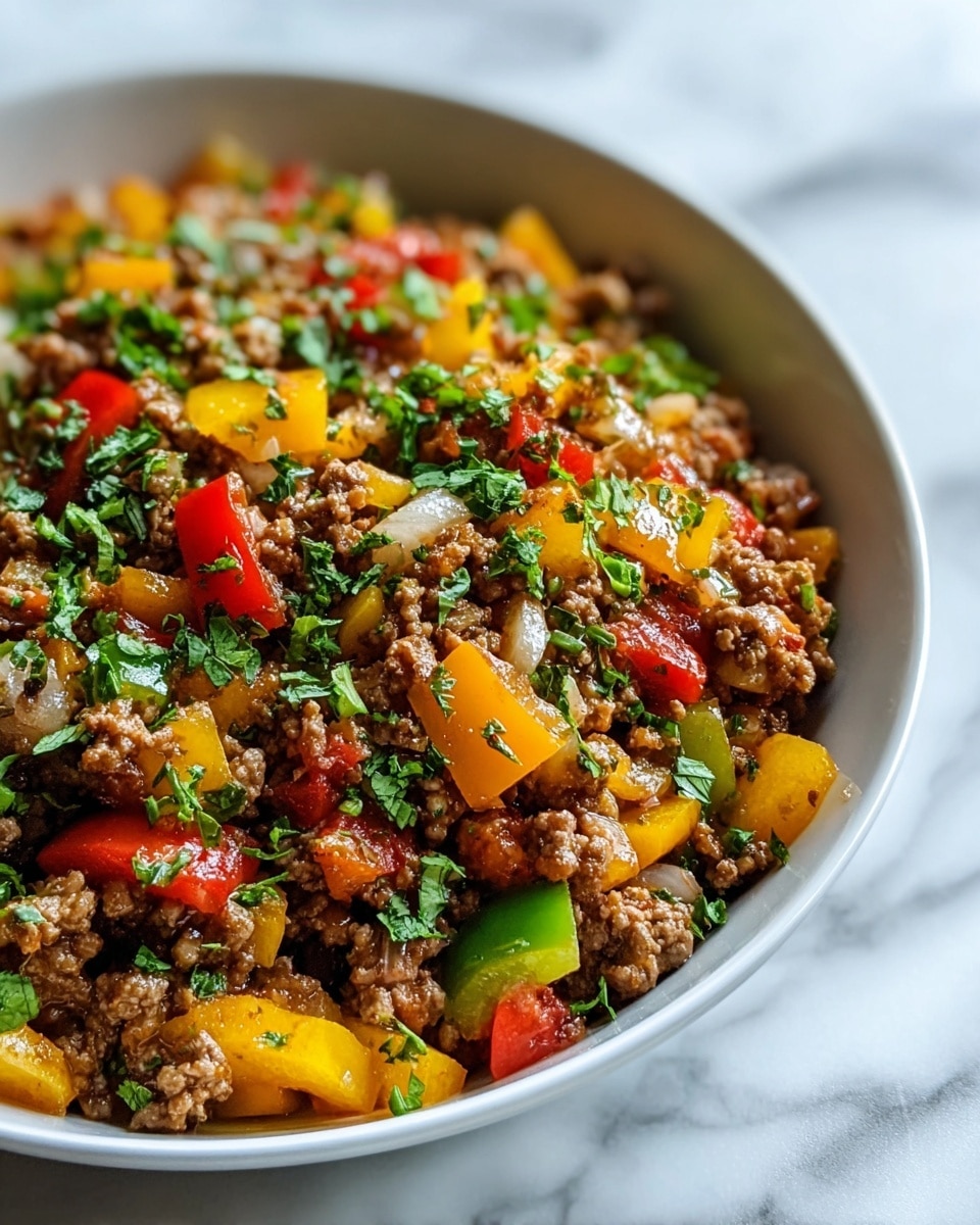 A close-up of a white bowl filled with a colorful mix of cooked ground meat and chopped vegetables; the dish has three main layers visible: the bottom layer consists of finely cooked ground meat in brown tones, the middle layer is made of diced yellow, red, and green bell peppers along with translucent chunks of cooked onion, scattered evenly throughout the bowl, and the top layer has small pieces of fresh green herbs sprinkled on top, adding brightness to the dish. The bowl sits on a white marbled surface with a soft, natural light coming from the upper right side, slightly blurring the background. photo taken with an iphone --ar 4:5 --v 7