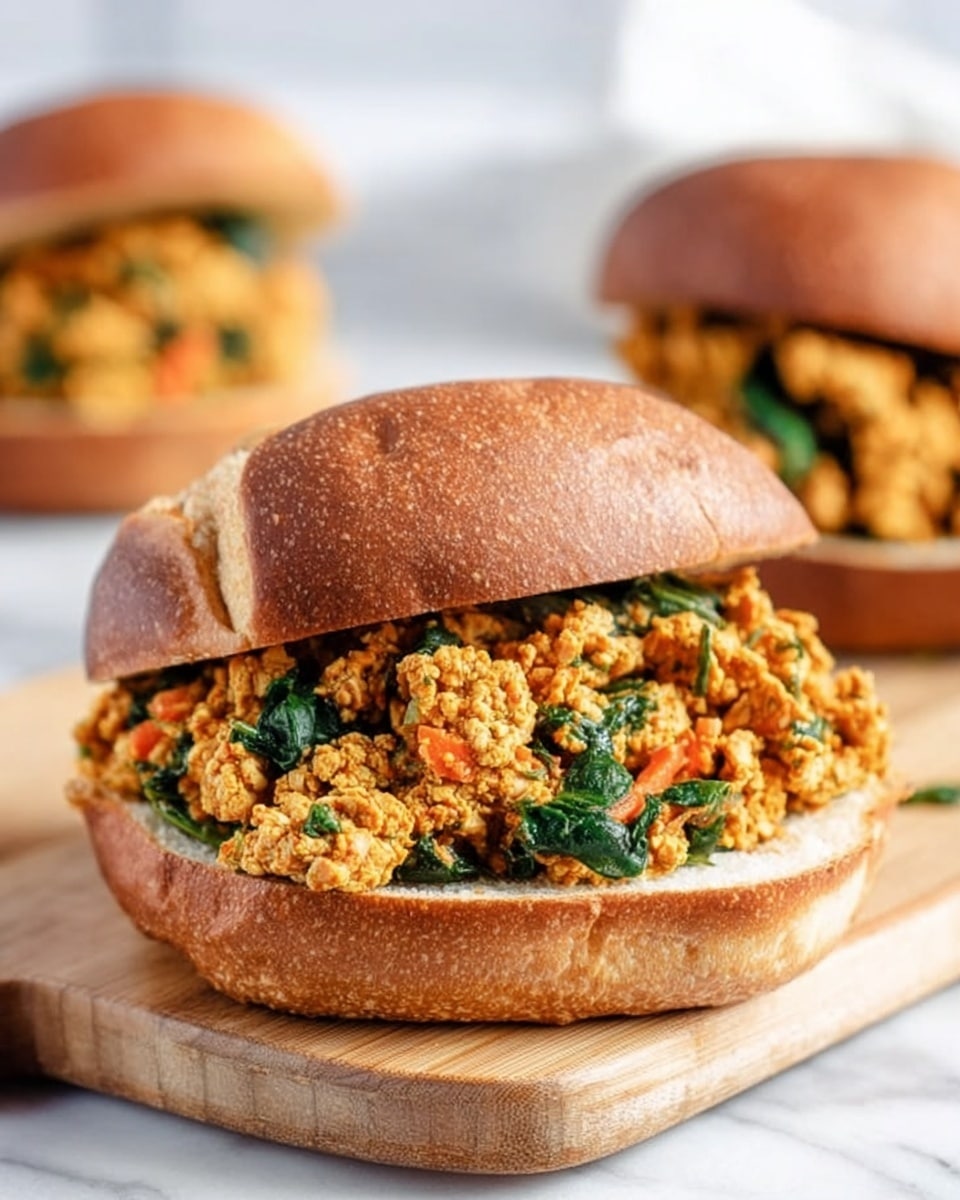 A close-up view of a sandwich on a white marbled surface, featuring a soft, shiny brown bun split in half. The bottom half holds a thick, textured layer of crumbled filling that is light brown with bits of orange and green mixed throughout, indicating vegetables and herbs. The top half bun is slightly lifted, showing the filling piled generously and spilling slightly over the sides. In the background, two similar sandwiches are softly blurred, resting on the same white marbled surface. photo taken with an iphone --ar 4:5 --v 7