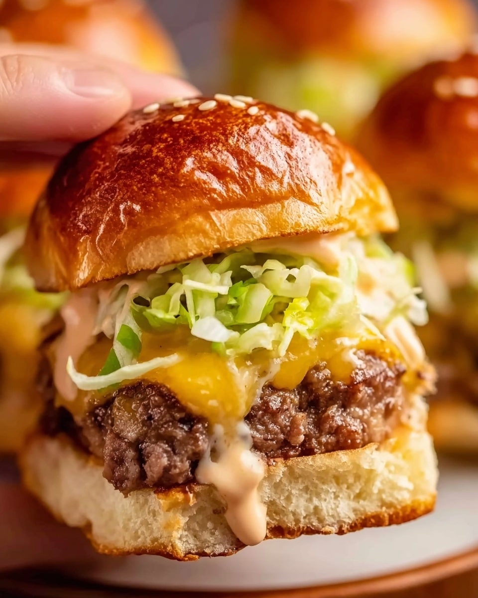 The image shows a close-up of a small burger slider held by a woman's hand, with a shiny, golden-brown sesame seed bun on top. Inside, there are layers starting with a bed of shredded light green lettuce, a drizzle of creamy orange sauce over the lettuce, and a thick, well-cooked beef patty with melted yellow cheddar cheese covering it. The bottom bun is soft and slightly toasted, placed on a white marbled surface. The burger looks juicy and fresh, with a warm and inviting texture. photo taken with an iphone --ar 4:5 --v 7