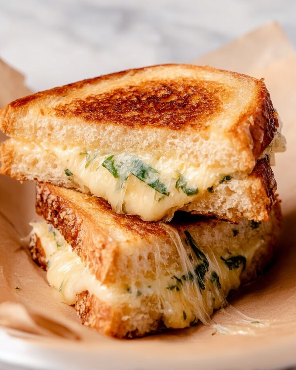 Two slices of toasted bread form a grilled cheese sandwich, cut diagonally and stacked. The top slice has a golden brown crispy texture with some darker toasted spots. Between the slices, there is a thick, melted layer of creamy yellow cheese with bits of green herbs or spinach inside. A string of cheese stretches between the two halves, showing its gooey texture. The sandwich sits on brown parchment paper, placed on a white plate with a white marbled background. Photo taken with an iphone --ar 4:5 --v 7