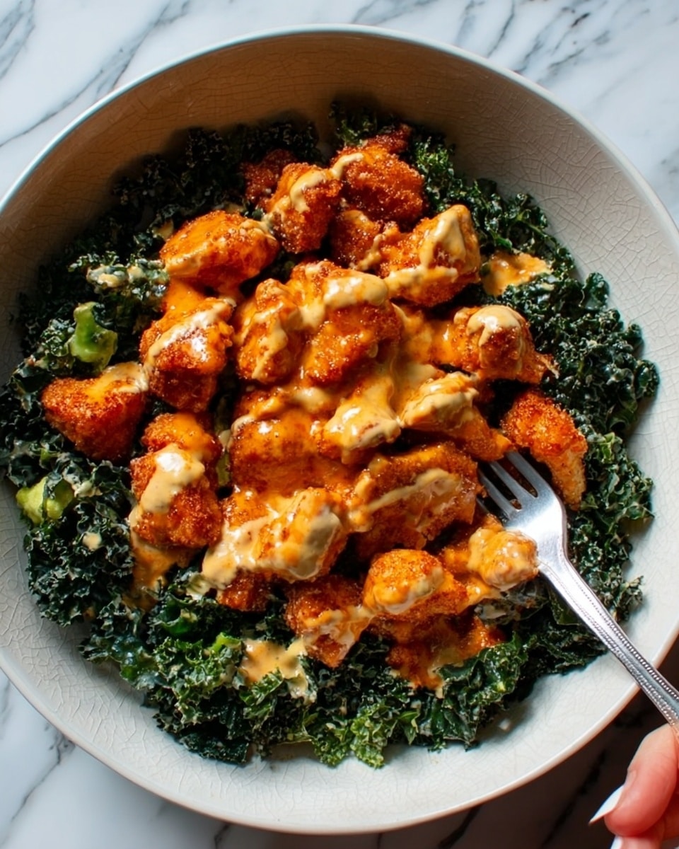The image shows a deep white bowl filled with a dish made of several layers. The bottom layer is green leafy vegetables, slightly wilted and textured, resembling kale or spinach mixed with bits of yellow corn. On top of this is a layer of small, golden-brown, crispy chunks of fried food, possibly tofu or chicken, coated with a rich orange sauce. There are drizzles of a creamy light beige sauce spread unevenly over the crispy pieces. A spoon is placed inside the bowl on the right side, and a woman's hand is seen holding the bowl from the bottom right corner. The dish is set on a white marbled surface. photo taken with an iphone --ar 4:5 --v 7