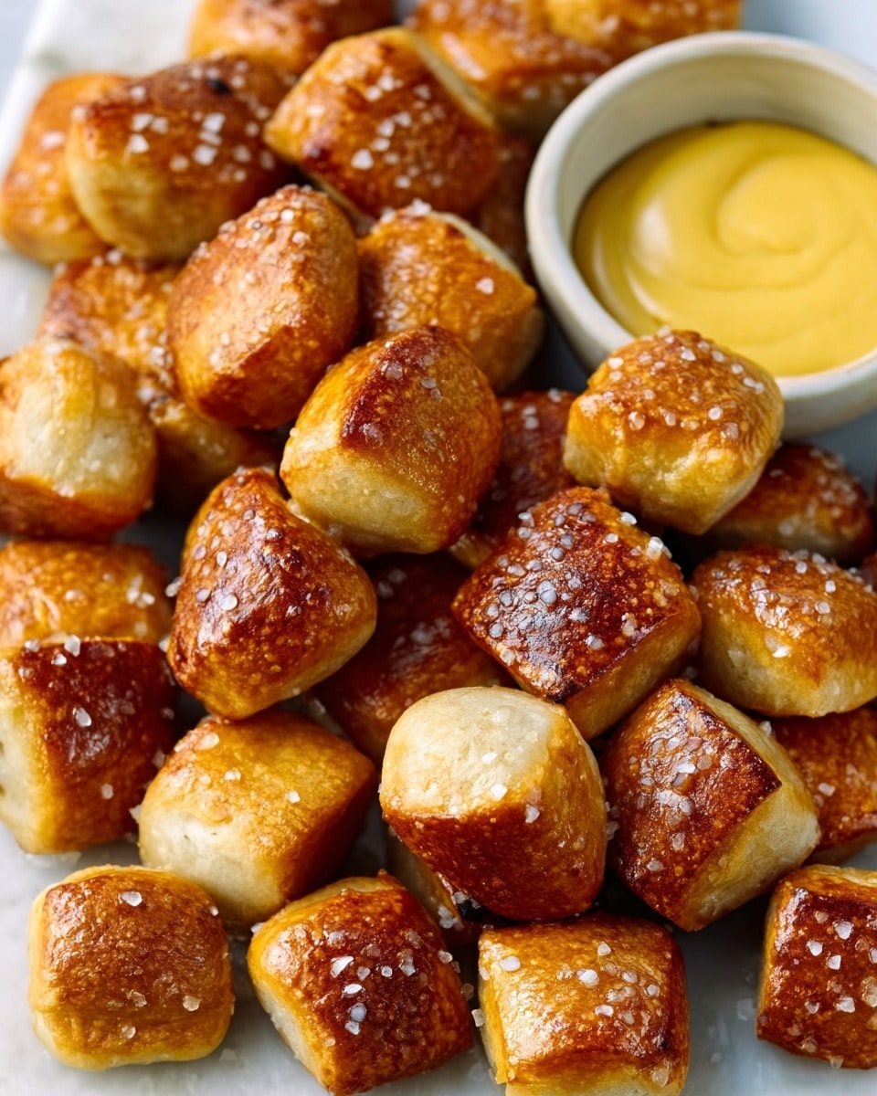 The image shows a pile of small, golden-brown pretzel bites with a shiny, slightly crispy outer layer sprinkled with coarse salt, arranged closely together on a white marbled surface. The pretzel bites have a soft texture inside, visible in a few pieces where the crust is broken or cut open. A small round white bowl containing bright yellow mustard sauce sits near the top right corner, contrasting with the warm brown tones of the pretzels. The lighting highlights the glossy surface of the pretzel bites, making them look fresh and appetizing. Photo taken with an iphone --ar 4:5 --v 7