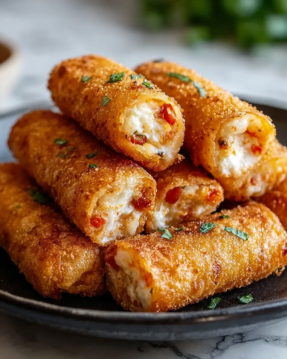 The image shows a close-up view of six golden-brown fried rolls stacked neatly on a dark plate. Each roll has a crispy, textured outer layer that is golden and crunchy looking, with some small green herbs sprinkled on top for decoration. The rolls are cut open at the ends to show a creamy white filling mixed with bits of red and green, which look soft and smooth inside, contrasting with the crunchy outside. The plate is placed on a white marbled surface, and the background is softly blurred with hints of green. photo taken with an iphone --ar 4:5 --v 7