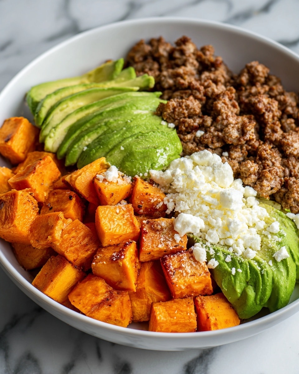 The dish is a bowl with four main layers arranged side by side. On the top left, there is a layer of brown ground meat with a slightly crumbly texture. On the top right, thinly sliced avocado with smooth, bright green overlapping slices. Below the avocado, chunks of roasted sweet potatoes with a glossy orange color and slightly charred edges. On the bottom left, white crumbly cheese that contrasts with the other ingredients. The bowl is white, placed on a white marbled surface, with a woman's hand gently holding the side. Photo taken with an iphone --ar 4:5 --v 7