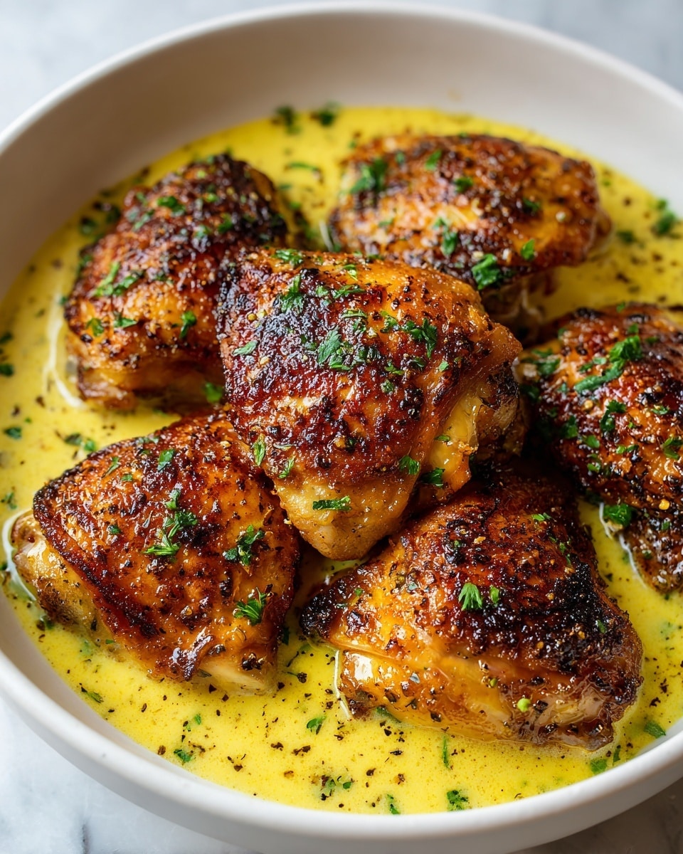 The image shows five pieces of golden-brown, crispy chicken thighs placed in a single layer in a white bowl. Each chicken piece has a richly browned, slightly crispy skin with visible seasoning and small bits of parsley scattered over the top. The chicken rests in a creamy yellow sauce that fills the bottom of the bowl, speckled with finely chopped herbs and black pepper. The sauce is smooth and slightly thick, evenly surrounding the chicken pieces. The bowl sits on a white marbled texture surface. photo taken with an iphone --ar 4:5 --v 7