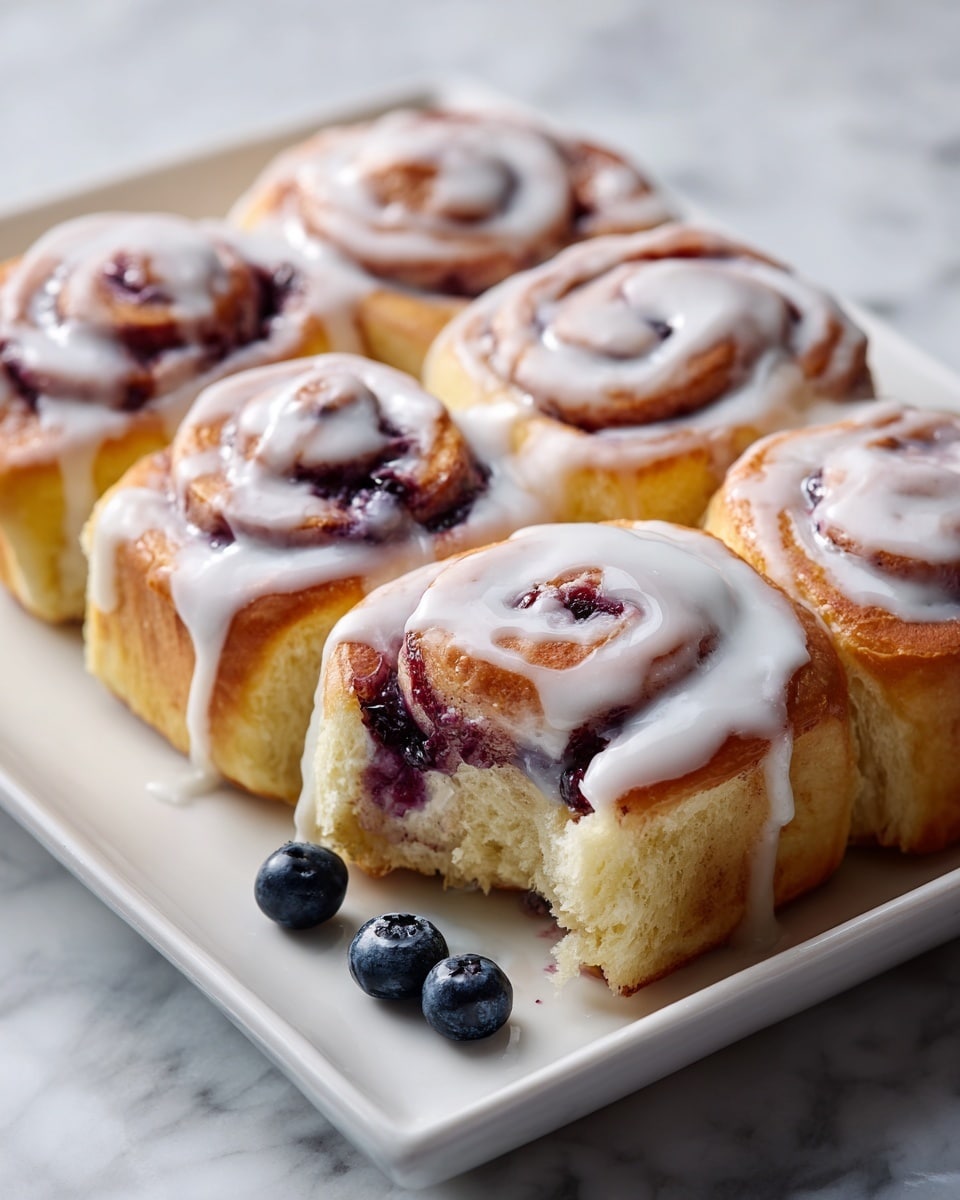 The image shows six soft, spiral-shaped rolls on a long white rectangular plate, each roll layered with a golden-brown baked dough that has a fluffy inside, swirled with a dark purple blueberry filling. The rolls are topped with a thin white icing that drips down the sides, creating a light glossy effect. Around the rolls, there are a few fresh blueberries scattered on the plate. The background features a white marbled surface, adding a clean and bright look to the image. photo taken with an iphone --ar 4:5 --v 7