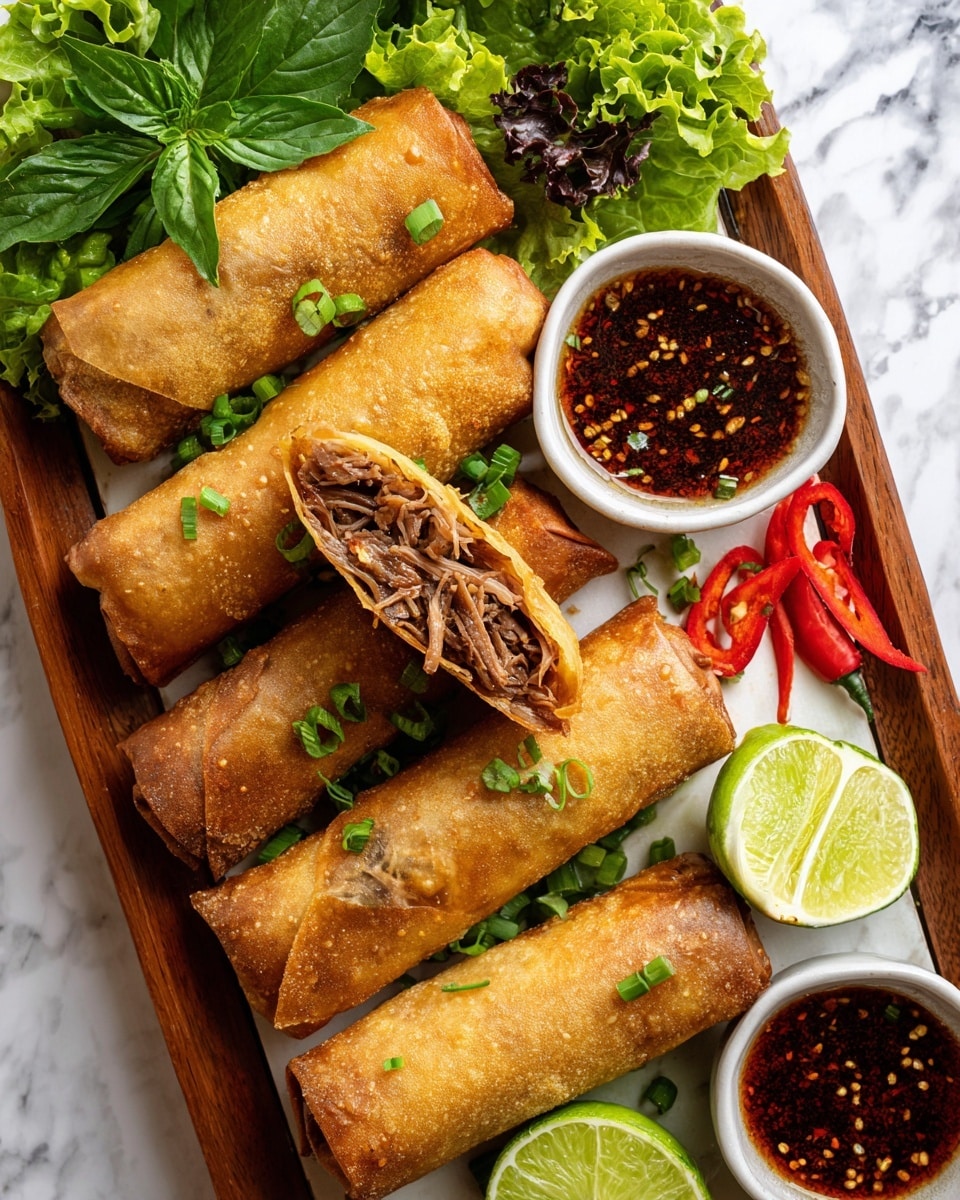 The image shows five golden-brown fried spring rolls arranged on a white plate. One spring roll is cut open, revealing a dark brown shredded meat filling mixed with green scallions. The spring rolls are topped with scattered chopped scallions. Around the rolls, there are fresh green lettuce leaves, bright green basil leaves, and slices of red chili pepper. Two lime wedges with a pale green color sit at the bottom right of the plate. Next to the plate, two small rustic bowls hold a dark chili dipping sauce with red chili flakes. The whole setup is on a white marbled surface, creating a fresh and inviting look. photo taken with an iphone --ar 4:5 --v 7