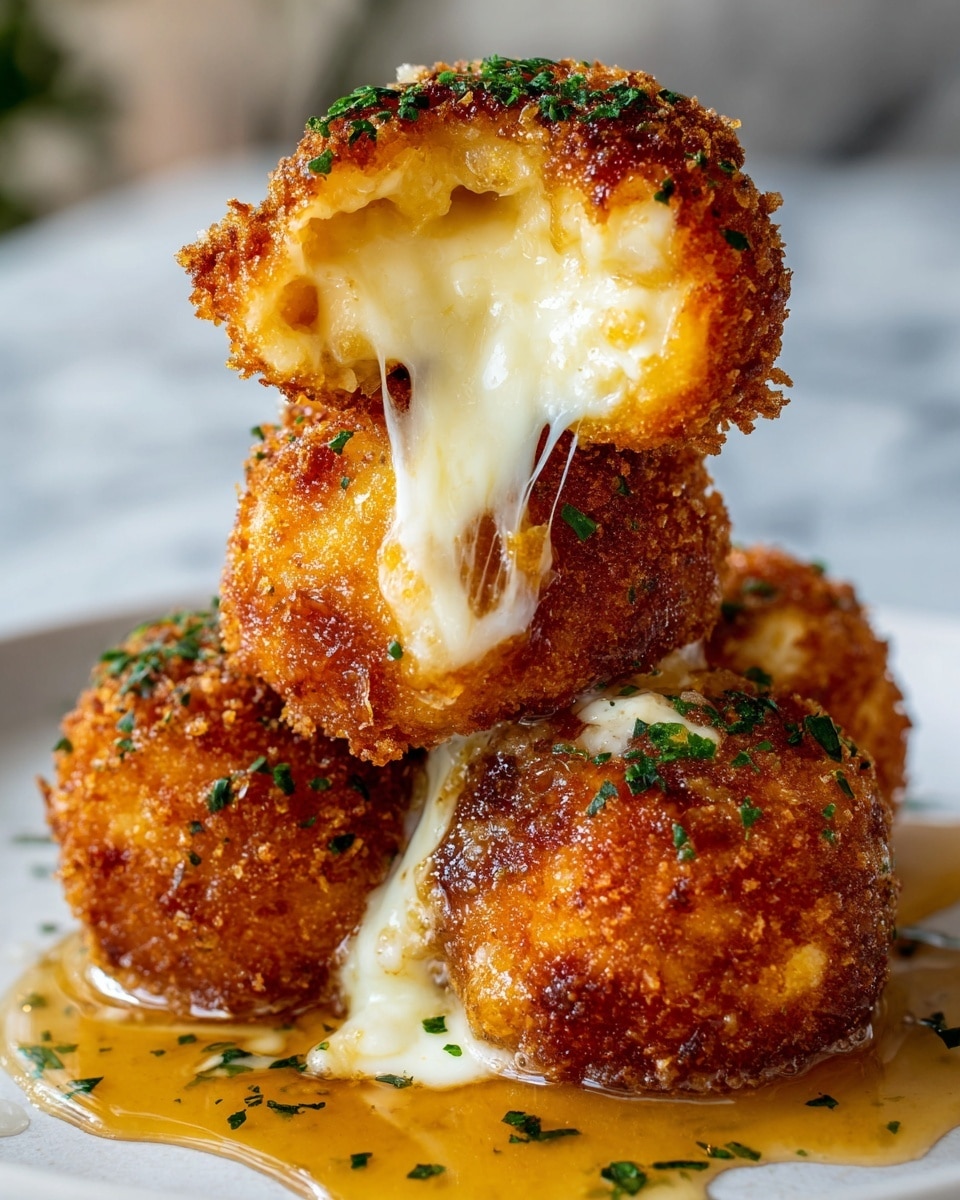 A close-up of three golden-brown crispy cheese-filled patties stacked on a white plate, with the top patty broken open to show creamy melted cheese stretching out. The patties have a crunchy textured surface with small green herb flakes sprinkled on top and around them. A thick, dark sauce pools slightly around the base of the stack. The background is a soft focus with a white marbled surface beneath the plate. photo taken with an iphone --ar 4:5 --v 7