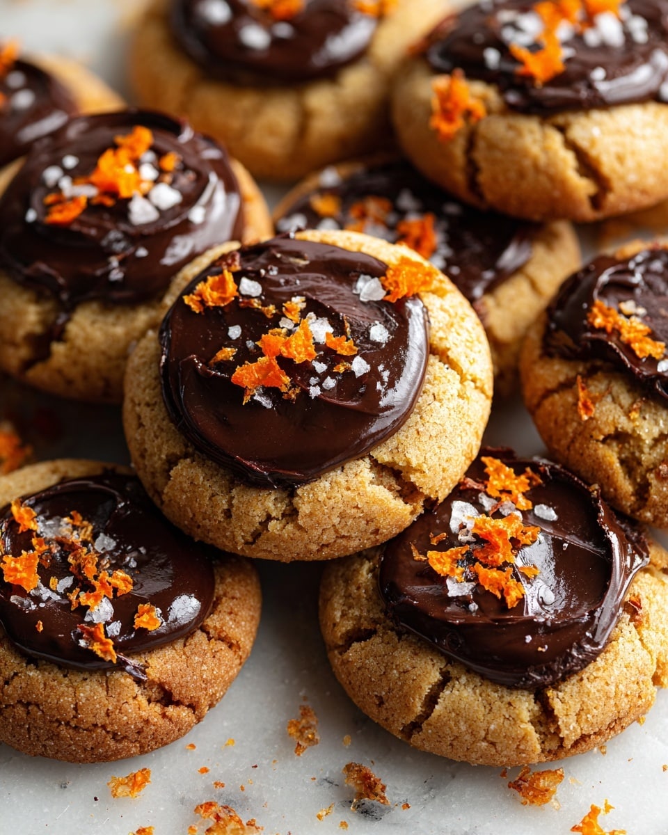 A close-up view of several soft cookies on a white marbled surface. Each cookie has two main layers: the base layer is a light golden-brown dough with a slightly rough texture, and the top layer features a thick, glossy dark chocolate spread unevenly covering the center. Small pieces of bright orange zest and a light sprinkling of coarse salt are scattered on top of the chocolate, adding texture and color contrast. The cookies are arranged casually, some overlapping, with crumbs and zest pieces around them. Photo taken with an iphone --ar 4:5 --v 7