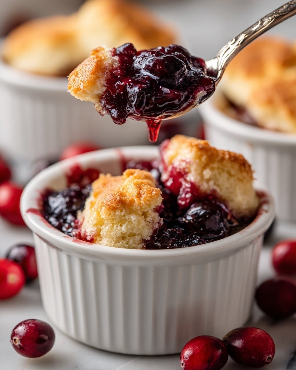 The image shows a dessert served in a white round ramekin with two clear layers: the bottom layer consists of a glossy, deep red berry compote filled with whole berries, while the top layer is a golden-brown, fluffy biscuit topping that looks soft and slightly crumbly with a textured surface. A spoon lifts a portion from the ramekin, revealing the thick, juicy berry filling dripping down and the soft biscuit sitting above it. Fresh berries are scattered around the ramekin on a white marbled surface, adding contrast and depth. In the background, two similar ramekins with the same dessert are visible but slightly out of focus, emphasizing the main dish in front. Photo taken with an iphone --ar 4:5 --v 7