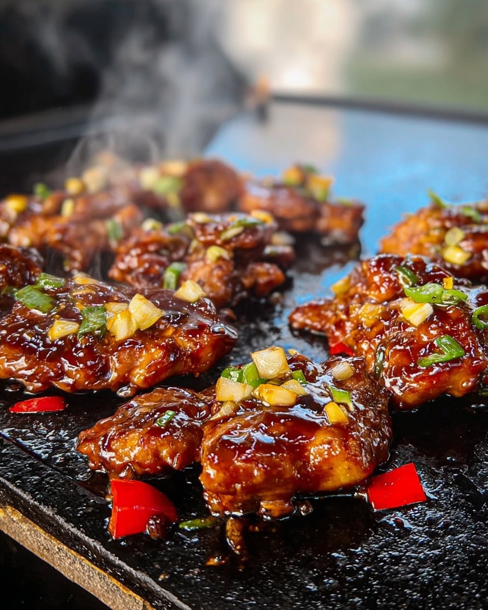 The image shows multiple pieces of glazed chicken cooking on a black grill surface. Each chicken piece is coated with a shiny, dark brown sauce and topped with small pieces of chopped green and yellow vegetables. There are bright red chili slices scattered around the chicken, adding color contrast. The grill surface appears hot with some steam rising, creating a smoky effect. The background is softly blurred with a white marbled texture visible around the grill edge. photo taken with an iphone --ar 4:5 --v 7