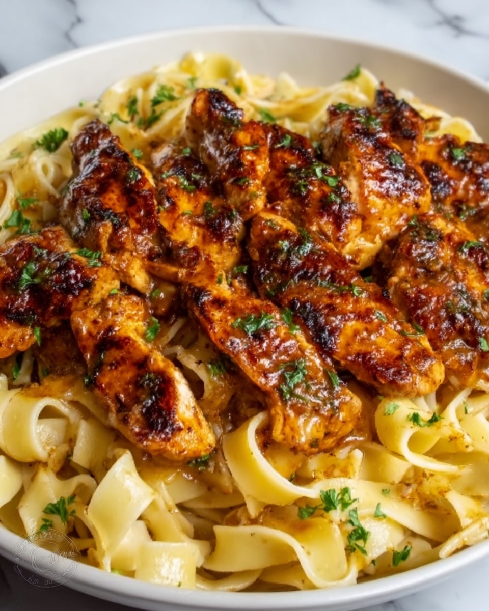 A white plate filled with creamy fettuccine pasta topped by several grilled chicken pieces covered in a rich, glossy, dark brown sauce. The pasta is pale yellow with a smooth, silky texture visible under the chicken. The grilled chicken pieces have a slightly charred, crispy look with bits of chopped green herbs sprinkled on top, adding a touch of fresh color. The dish sits on a white marbled surface. photo taken with an iphone --ar 4:5 --v 7