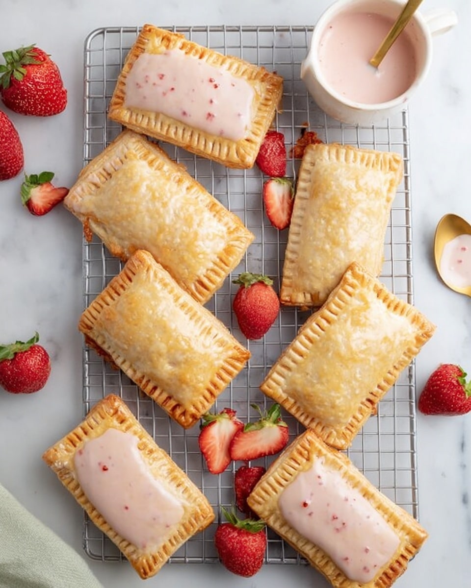 The image shows a cooling rack on a white marbled surface with nine rectangular golden-brown pastries arranged on it. Each pastry has a slightly flaky texture and crimped edges, some topped with a light pink glaze that has a smooth and shiny look. Scattered around the rack are whole and halved red strawberries with green leaves, adding a fresh and colorful touch. There is also a small cup of the same pink glaze with a white spoon beside it on the right side of the frame. The overall look is bright and fresh with soft shadows. Photo taken with an iphone --ar 4:5 --v 7