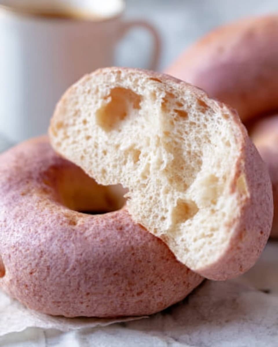 The image shows a close-up of a light purple bread bagel with a torn piece placed on top, revealing the soft, airy texture inside. The bagel has a smooth, slightly shiny crust and a spongy interior with small holes throughout. The background is a white marbled texture, and a blurry white cup is visible in the back. Photo taken with an iphone --ar 4:5 --v 7