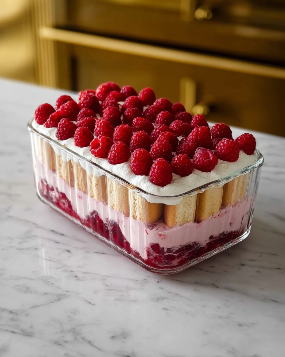 A clear square glass dish holds a dessert with four distinct layers: the bottom layer is a deep red berry sauce with whole raspberries visible inside; above that is a thick pale pink cream layer; next is a soft, light tan ladyfinger cookie layer arranged vertically around the sides and visible from the front; topped with a layer of white whipped cream dollops, each crowned with a bright red fresh raspberry. The dish sits on a white marbled countertop with a soft gold metallic edge visible beneath. Photo taken with an iphone --ar 4:5 --v 7