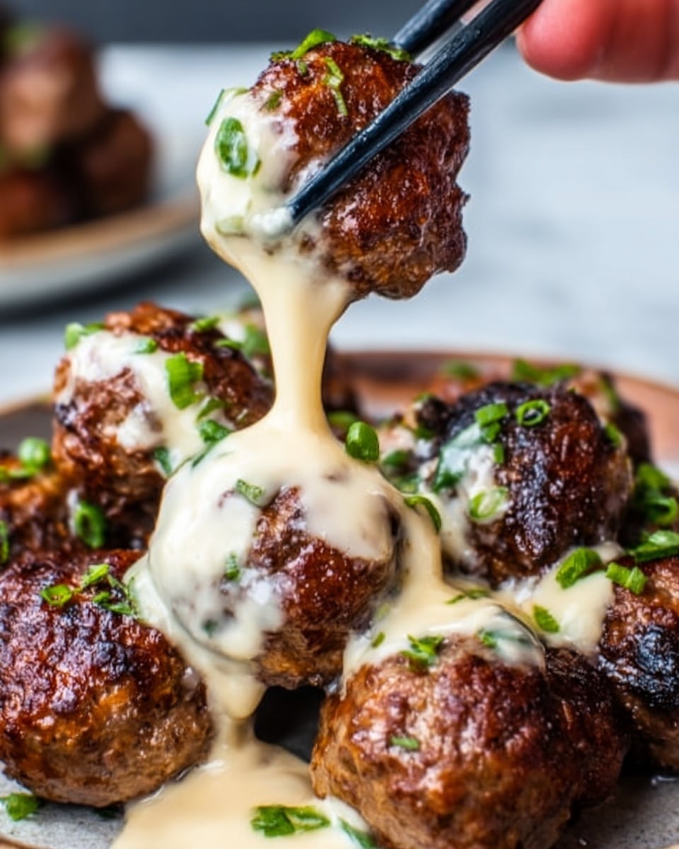 The image shows several dark brown grilled meatballs with a crispy texture, arranged closely together on a white plate. A thick, creamy light beige sauce is being poured over the meatballs, some sauce dripping down their sides, with finely chopped green herbs sprinkled on top. A pair of black chopsticks, held by a woman's hand, lifts one meatball to reveal the stringy melted cheese stretching from the meatball to the sauce below. The background is a white marbled texture. Photo taken with an iphone --ar 4:5 --v 7