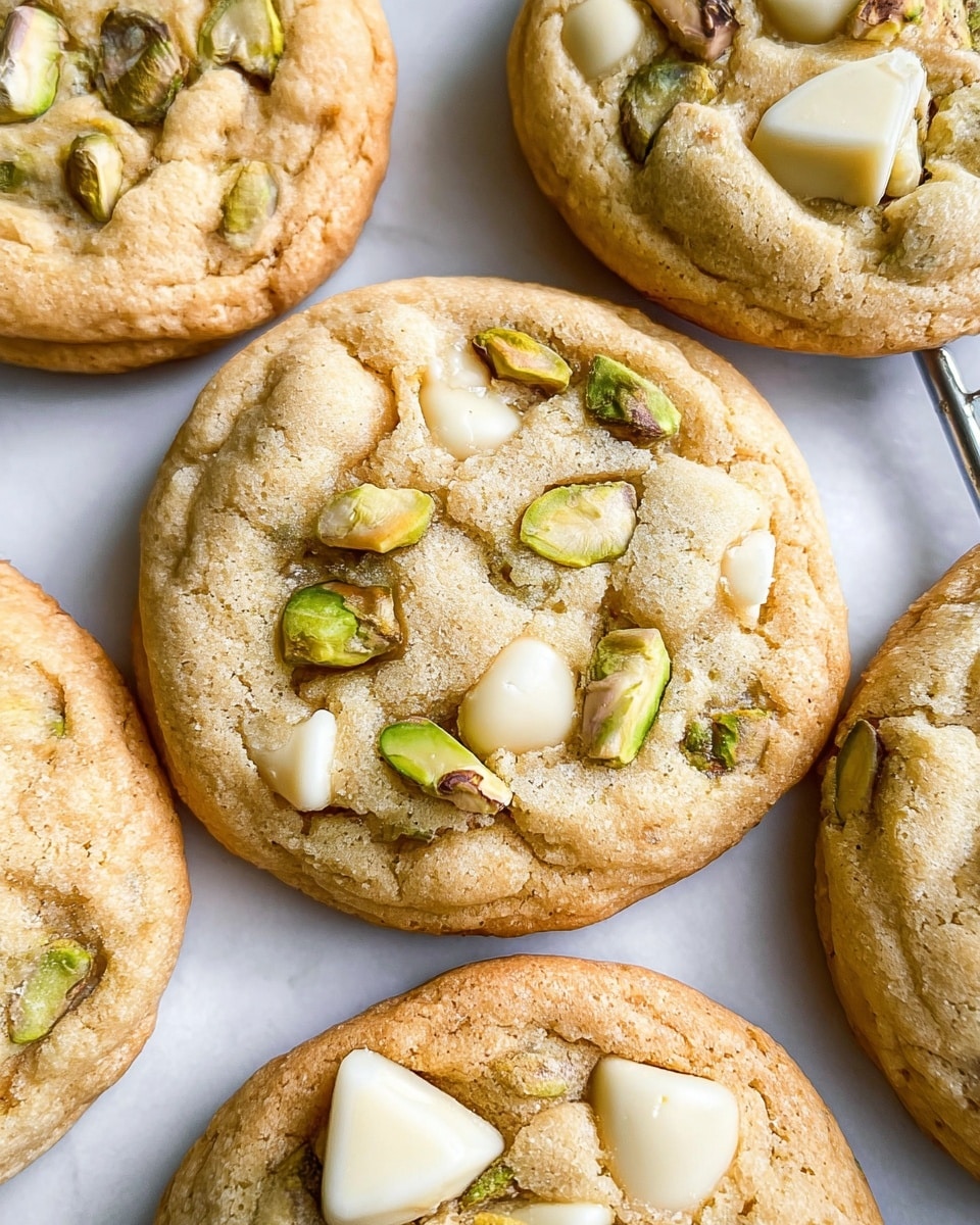 The image shows a close-up of several round cookies stacked closely together on a black metal cooling rack over a white marbled surface. Each cookie has a light golden brown edge with a soft, slightly cracked beige center. The tops of the cookies are studded with irregular chunks of white chocolate and small green pistachio nuts, some still in their brown shells. The texture looks chewy and moist with the cookies having a slightly puffy, uneven surface. The scene is bright and clear, focusing on the details of the nuts and chocolate embedded in the cookies. photo taken with an iphone --ar 4:5 --v 7