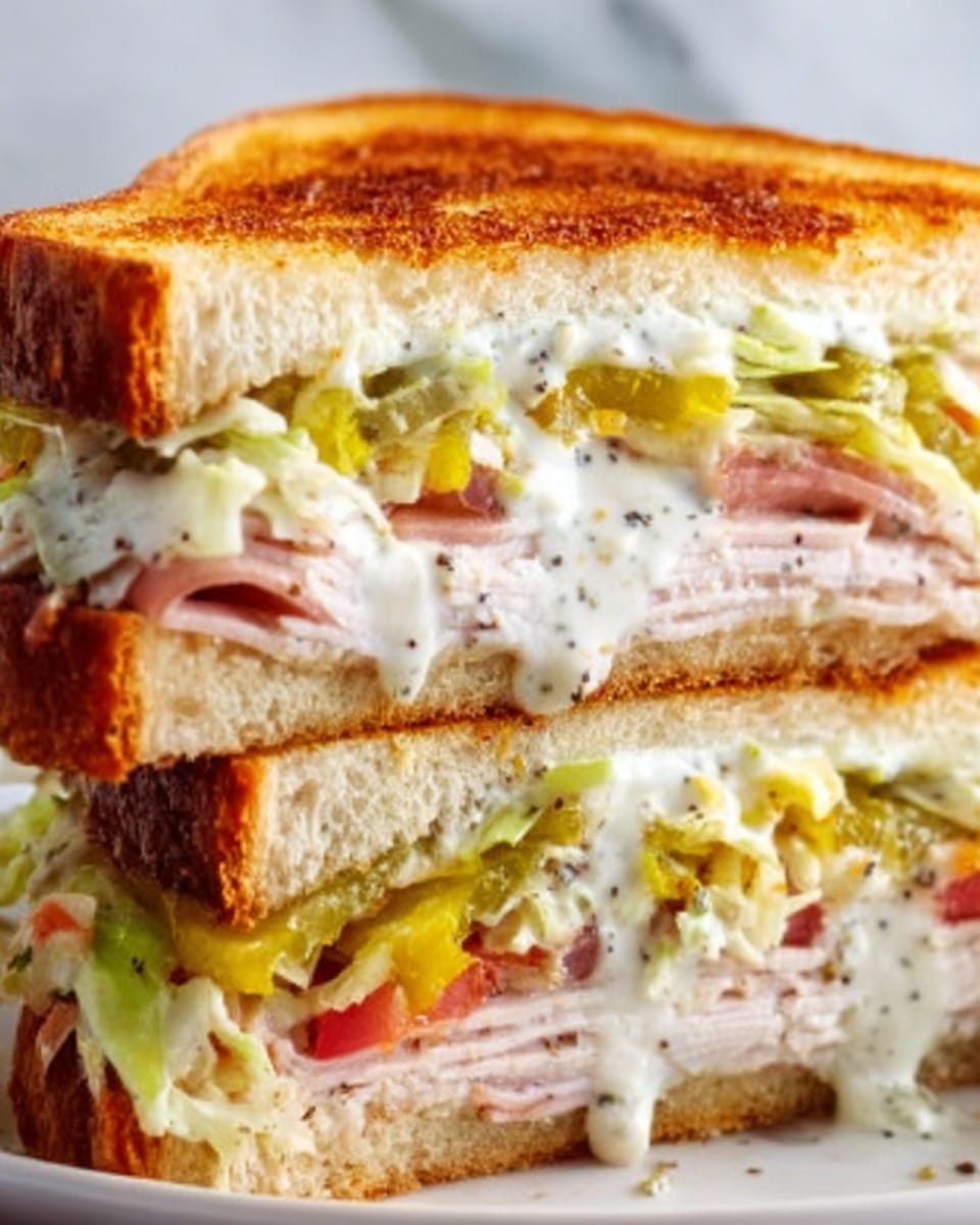 The image shows a close-up of a sandwich cut in half, with three visible layers inside. The top layer is a toasted, golden-brown bread with a crunchy texture. Below is a thick layer of sliced turkey meat, pale pink with a slight sheen. Underneath the meat, there is a layer of shredded lettuce in light green with a crunchy texture. Next, there is a creamy white spread, likely mayonnaise, mixed with small bits of pickles that are light green with a bumpy texture. The sandwich is placed on a white plate set on a white marbled surface. photo taken with an iphone --ar 4:5 --v 7