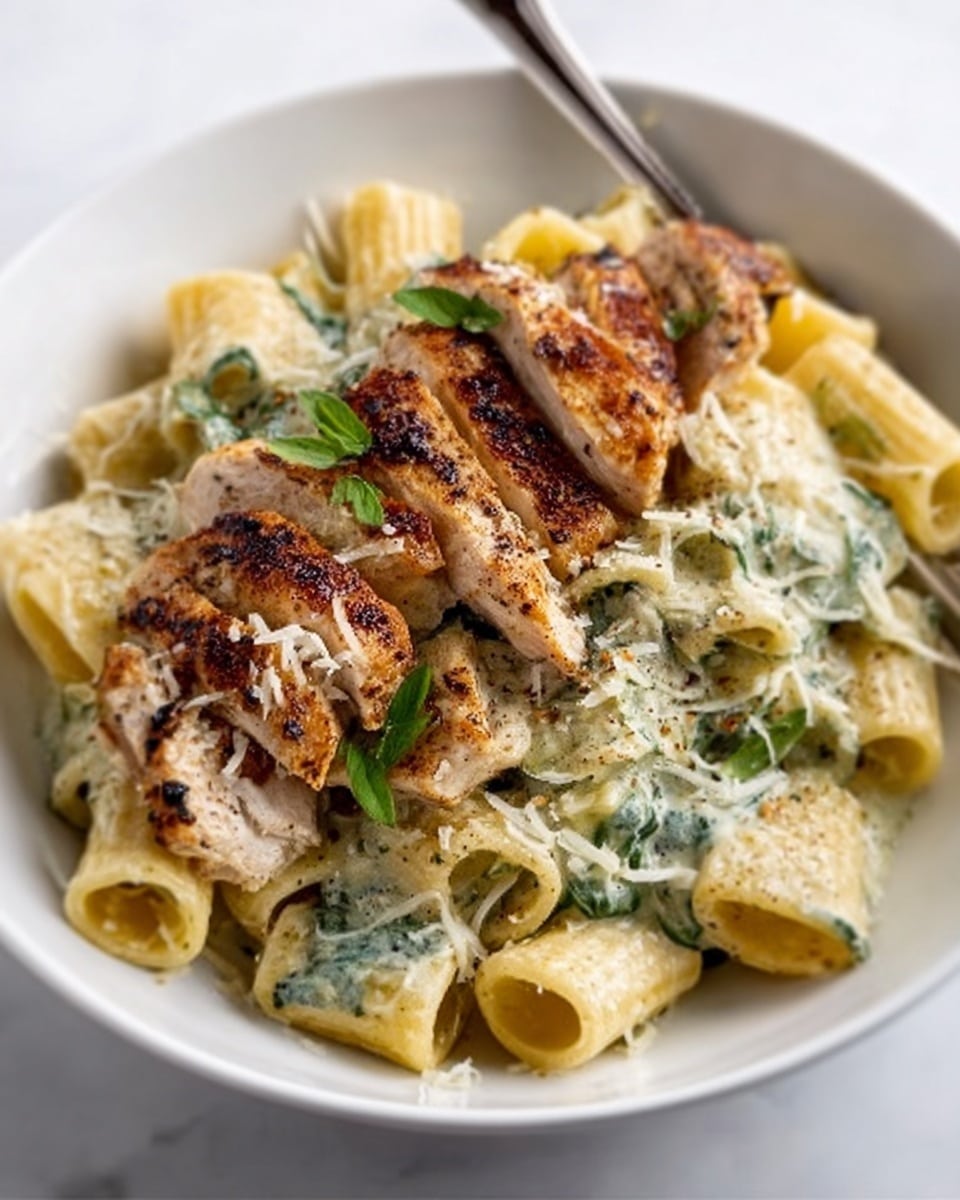 A close-up view of a white bowl filled with rigatoni pasta coated in a creamy white sauce mixed with green spinach bits. On top and throughout the pasta are well-cooked pieces of chicken with a golden-brown char. The sauce looks rich and slightly melted, with some finely shredded cheese sprinkled over the chicken, and small parsley leaves adding a touch of green. The dish sits on a white marbled surface with a blurred silver fork in the background. photo taken with an iphone --ar 4:5 --v 7
