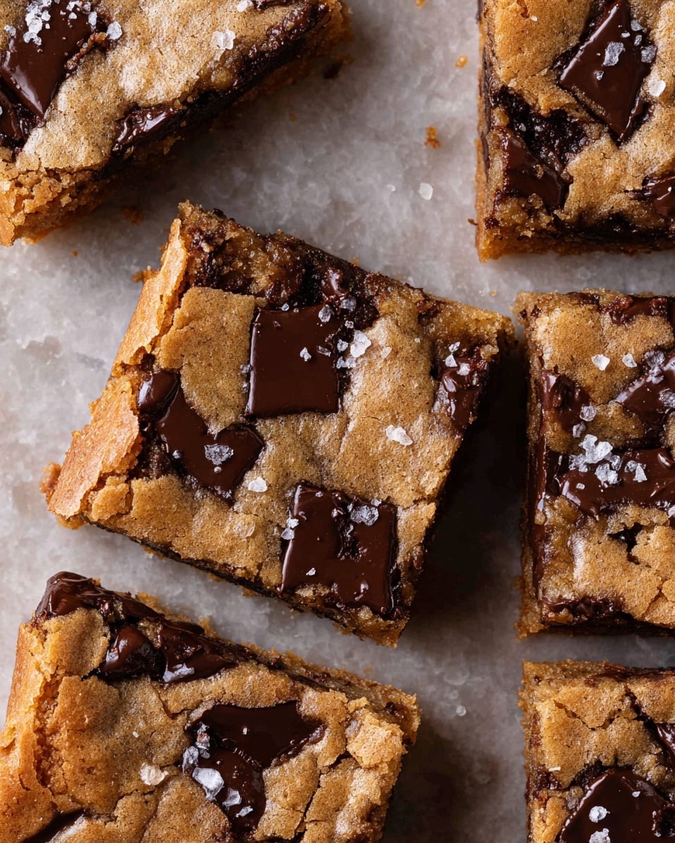 The image shows five square blondie bars arranged closely on a rough-textured surface, with one bar lifted to reveal its thickness. Each bar has a golden-brown top layer with shiny, melted dark chocolate chunks scattered unevenly, some larger and glossy, others smaller and solid, creating a rich texture contrast. There are small patches of soft caramel or toffee appearing slightly melted in places, adding a darker brown color. Light sprinkles of coarse sea salt crystals shine on the top, giving a slight sparkle and adding texture to the surface. The edges of the bars are firm and slightly crumbly, contrasting with the soft, gooey melted chocolate patches. photo taken with an iphone --ar 4:5 --v 7