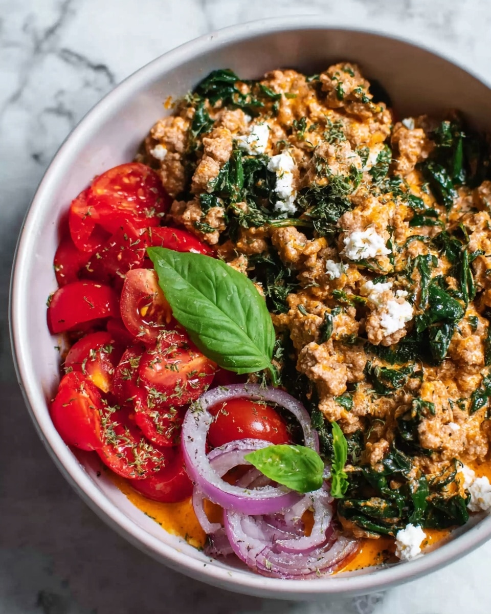 The image shows a white bowl filled with a layered dish. The bottom layer is fresh green spinach, topped with crumbled cooked ground meat mixed with creamy white cheese pieces and small green herb sprinkles. On one side of the bowl, there are sliced red cherry tomatoes mixed with thin slices of purple onions, garnished with a single green basil leaf. The bowl is placed on a white marbled surface. photo taken with an iphone --ar 4:5 --v 7