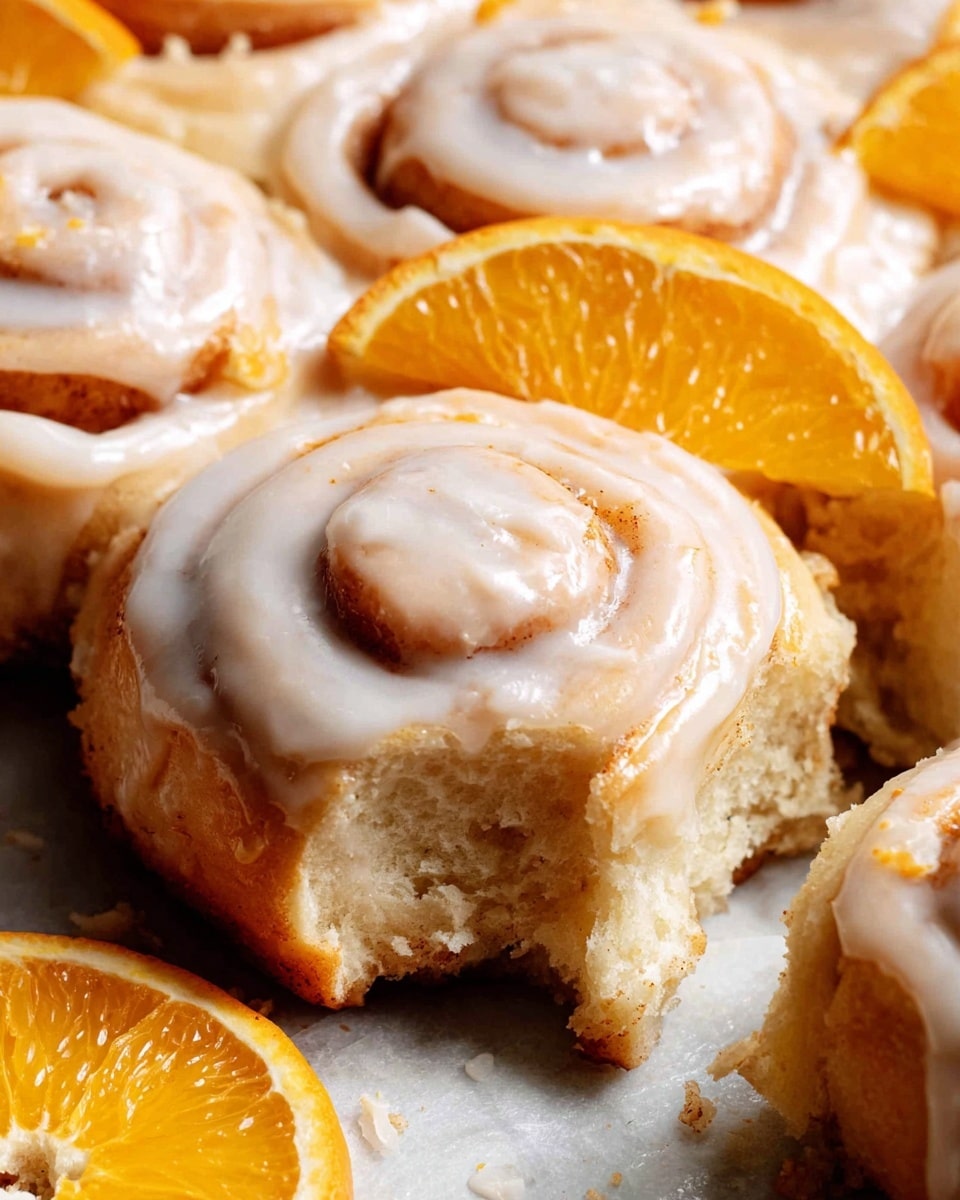A close-up view of several soft cinnamon rolls topped with thick, creamy white icing that covers the swirled golden-brown dough layers, with two thin bright orange slices placed on top and between the rolls, all sitting on a white marbled textured surface. The rolls show a fluffy, textured inside with a shiny glaze on the icing, highlighting the swirl pattern in each piece, photo taken with an iphone --ar 4:5 --v 7