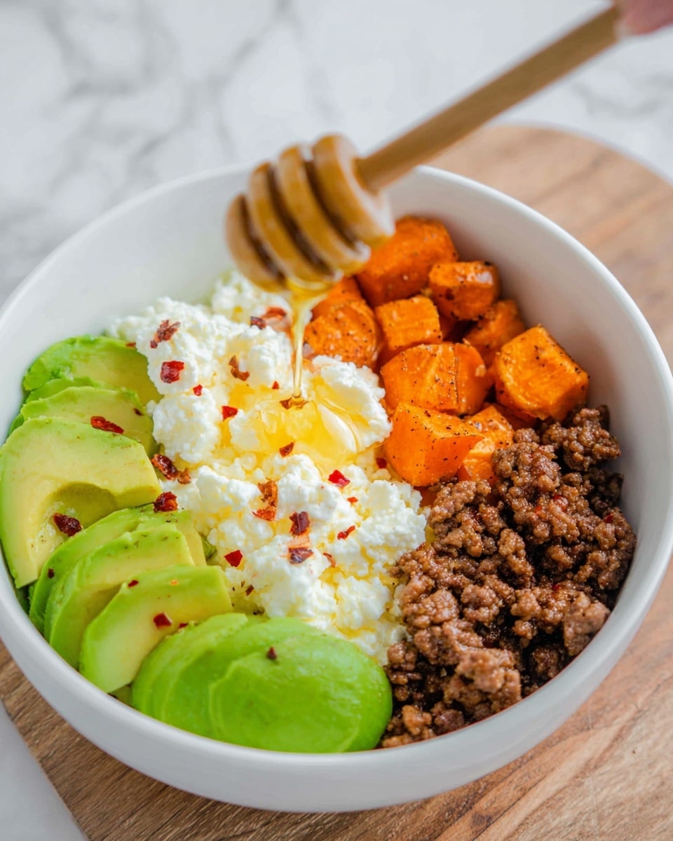 A white bowl sits on a white marbled surface, filled with four distinct layers arranged side by side: chunky bright green avocado pieces on the bottom left, small browned ground beef crumbles on the bottom right, bright orange roasted sweet potato cubes on the top right, and white cottage cheese topped with a drizzle of golden honey and sprinkled with red chili flakes on the top left. A wooden honey dipper is held above the bowl by a woman's hand, showing honey ready to pour. The textures range from creamy avocado to crumbly beef, soft roasted sweet potato, and smooth, wet cottage cheese. photo taken with an iphone --ar 4:5 --v 7