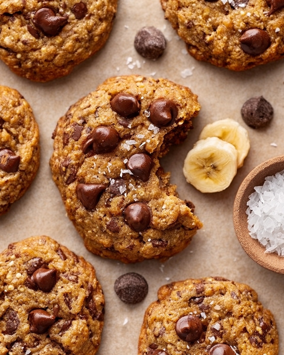 The image shows a close-up of a broken, thin, round cookie with a golden-brown, slightly uneven texture. There are about two layers visible in the cookie's thin base. On top of the cookie, there are several glossy dark brown chocolate chips scattered, some slightly melted, adding a shiny texture. Small white flakes of sea salt are sprinkled over and around the chocolate chips. Near the center edge of the broken cookie piece, there is a small dried banana slice shaped like a flower, light yellow with a darker brown center. The cookie rests on a smooth light brown parchment paper, set against a white marbled surface in the background. photo taken with an iphone --ar 4:5 --v 7
