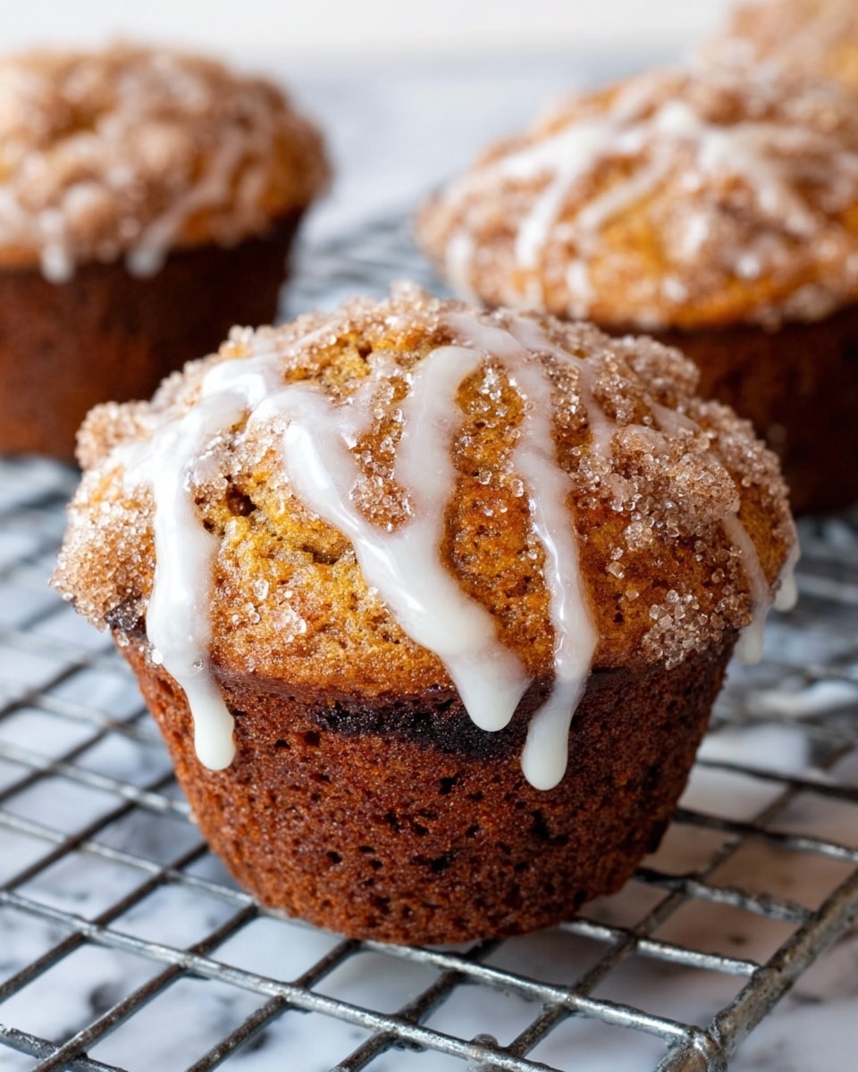 The image shows a close-up of a single muffin with a dark brown base layer that looks moist and dense. On top, there is a golden-brown crumbly layer covered with a white glaze dripping down in thick lines. The crumb layer has a coarse texture with sprinkled sugar crystals adding a bit of sparkle. Around the main muffin, two more muffins with similar layers are slightly out of focus, all sitting on a metal cooling rack placed on a white marbled surface. Photo taken with an iphone --ar 4:5 --v 7