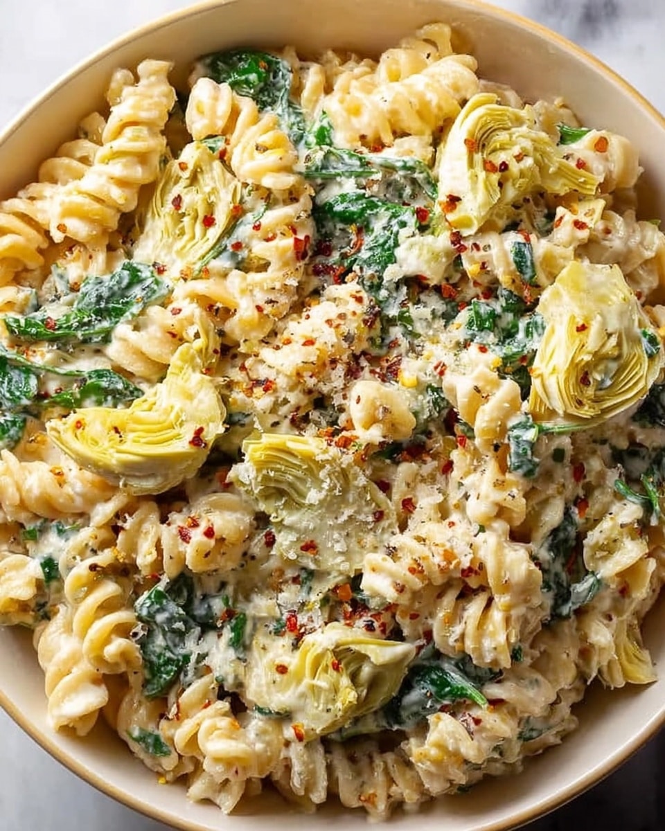 A close-up view of a round white bowl filled with creamy pasta. The pasta is short and twisted, pale yellow in color, mixed evenly with layers of soft, light green artichoke pieces scattered throughout. Dark green spinach leaves are mixed in, adding a fresh contrast. The dish is topped with grated Parmesan cheese and small red chili flakes, giving it a speckled texture with white and red highlights on the creamy pasta and veggies. The bowl sits on a white marbled surface. photo taken with an iphone --ar 4:5 --v 7