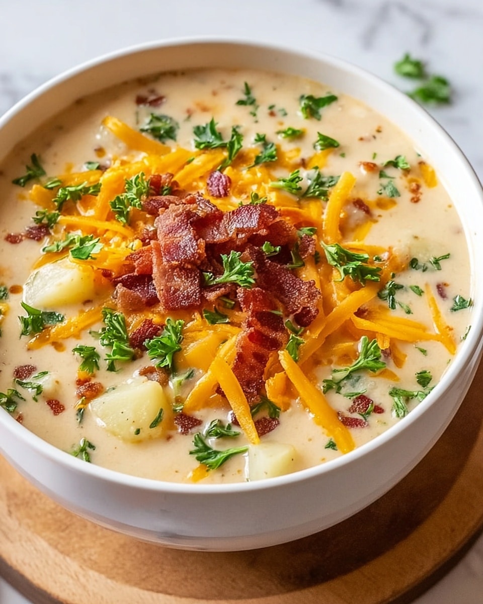 A close-up view of a creamy potato soup served in a white bowl placed on a wooden coaster, set on a white marbled surface. The soup features a thick, light beige creamy base filled with small chunks of soft white potatoes and tiny bits of green herbs evenly mixed throughout. On top, there are bright orange shredded cheddar cheese pieces combined with small, crisp bacon bits showing their reddish-brown color. Fresh, green chopped parsley leaves are scattered over the cheese and bacon for a fresh look. The soup appears rich, warm, and hearty with a mix of smooth and chunky textures visible on the surface. photo taken with an iphone --ar 4:5 --v 7