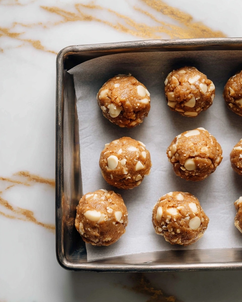 Six round balls of cookie dough with visible chunks of white chocolate are arranged in two rows on a piece of parchment paper inside a metal baking pan. Each ball has a rough, slightly shiny texture showing a mix of light brown dough and creamy white chocolate pieces. The pan is placed on a white marbled surface with golden veins running through it. photo taken with an iphone --ar 4:5 --v 7