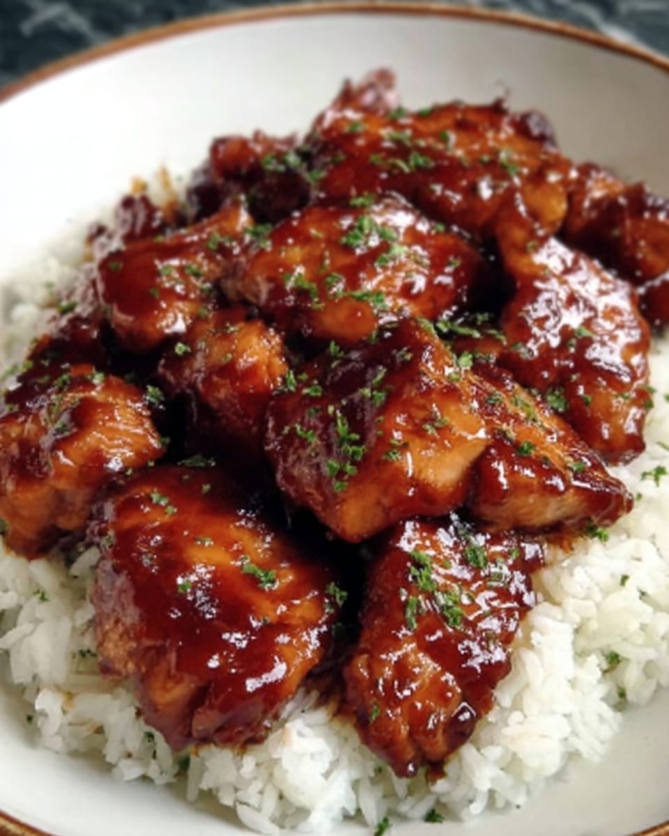A white plate holds a single layer of white rice, topped with several pieces of glossy, dark brown glazed chicken evenly spread across the surface; each piece has a shiny, sticky texture with a few small green herb sprinkles on top. The background is a white marbled texture. Photo taken with an iphone --ar 4:5 --v 7