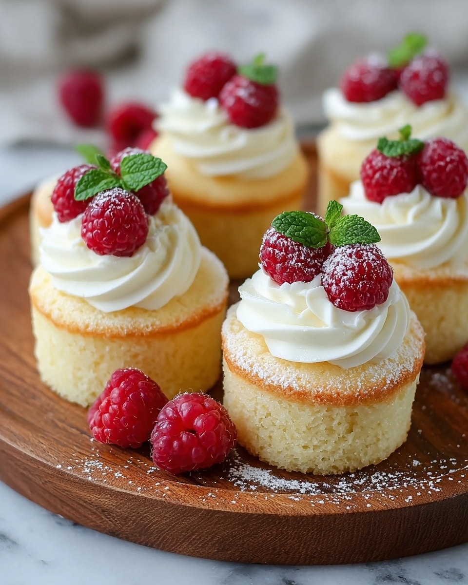 The image shows several small vanilla cupcakes placed on a round wooden board. Each cupcake has two layers: a light golden-yellow cake base with a slightly rough texture, and a layer of white piped cream swirled neatly on top. The cream is topped with three fresh red raspberries, adding a pop of bright color. Some cupcakes have small green mint leaves next to the raspberries. A light dusting of powdered sugar covers the top of the cake layer around the cream, adding a delicate white touch. There are extra raspberries scattered on the board, and the scene rests on a white marbled surface. photo taken with an iphone --ar 4:5 --v 7